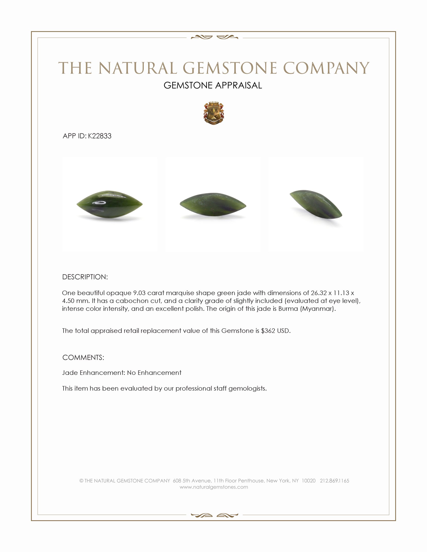 9.03 Ct. Green Cabochon Jade from Burma (Myanmar)