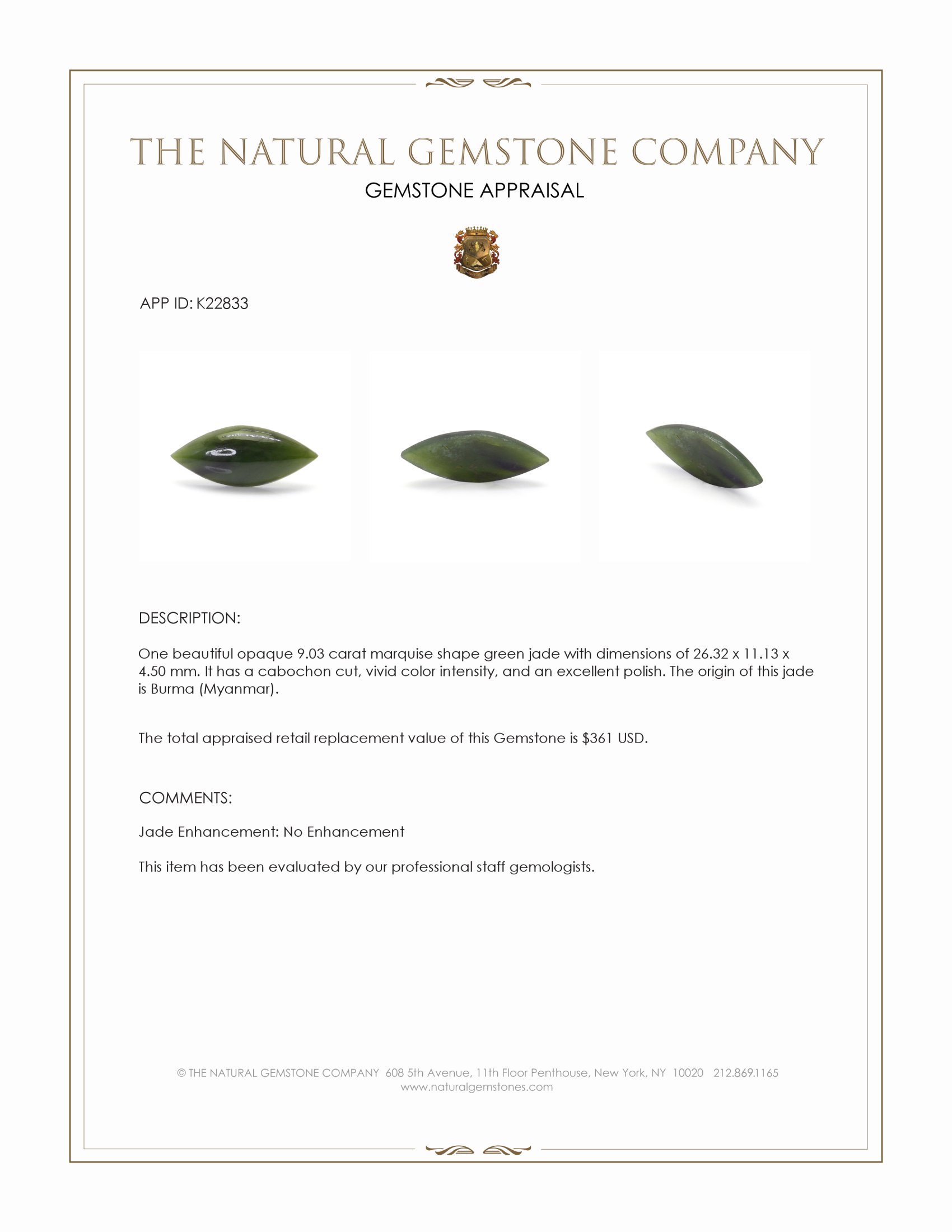 9.03 Ct. Green Cabochon Jade from Burma (Myanmar)