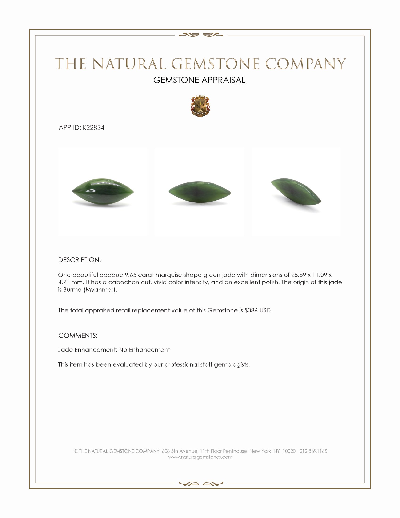 9.65 Ct. Green Cabochon Jade from Burma (Myanmar)
