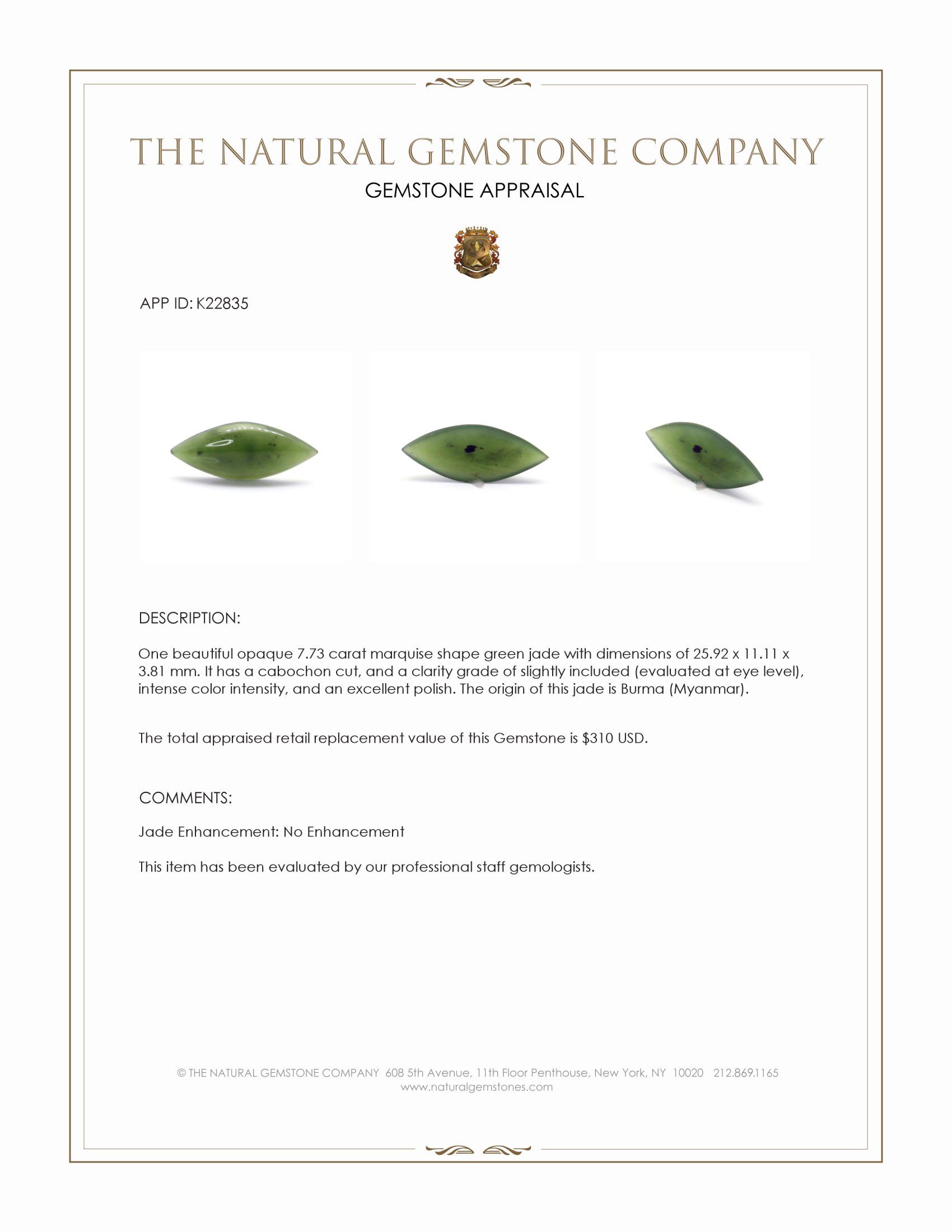 7.73 Ct. Green Cabochon Jade from Burma (Myanmar)