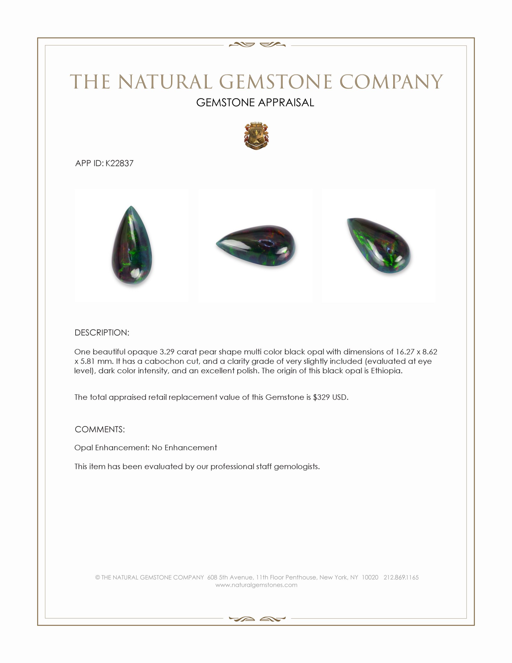 3.29 Ct. Multi Color Cabochon Black Opal (Dark Opal) from Ethiopia