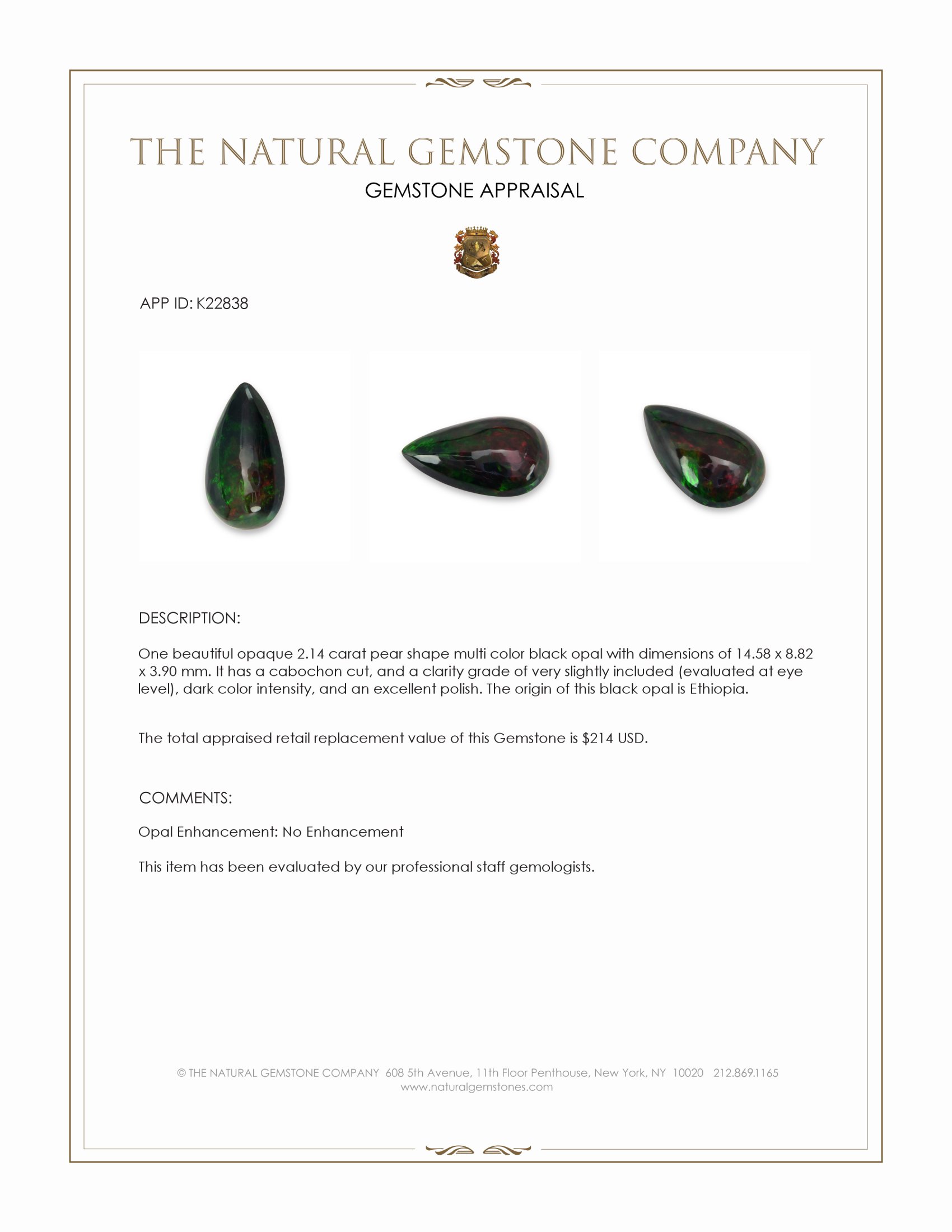 2.14 Ct. Cabochon Black Opal from Ethiopia