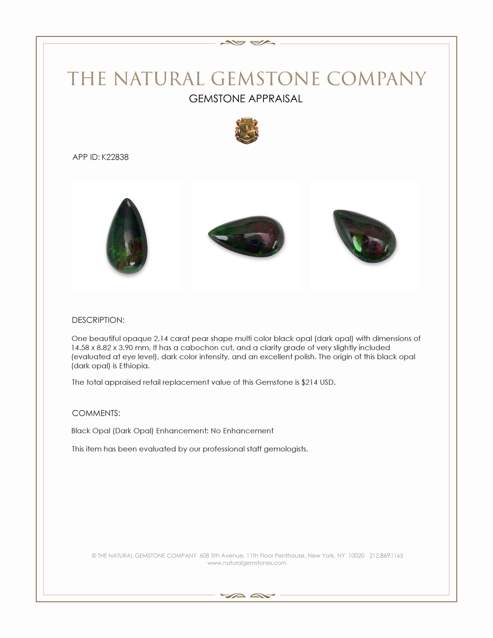 2.14 Ct. Multi Color Cabochon Black Opal (Dark Opal) from Ethiopia