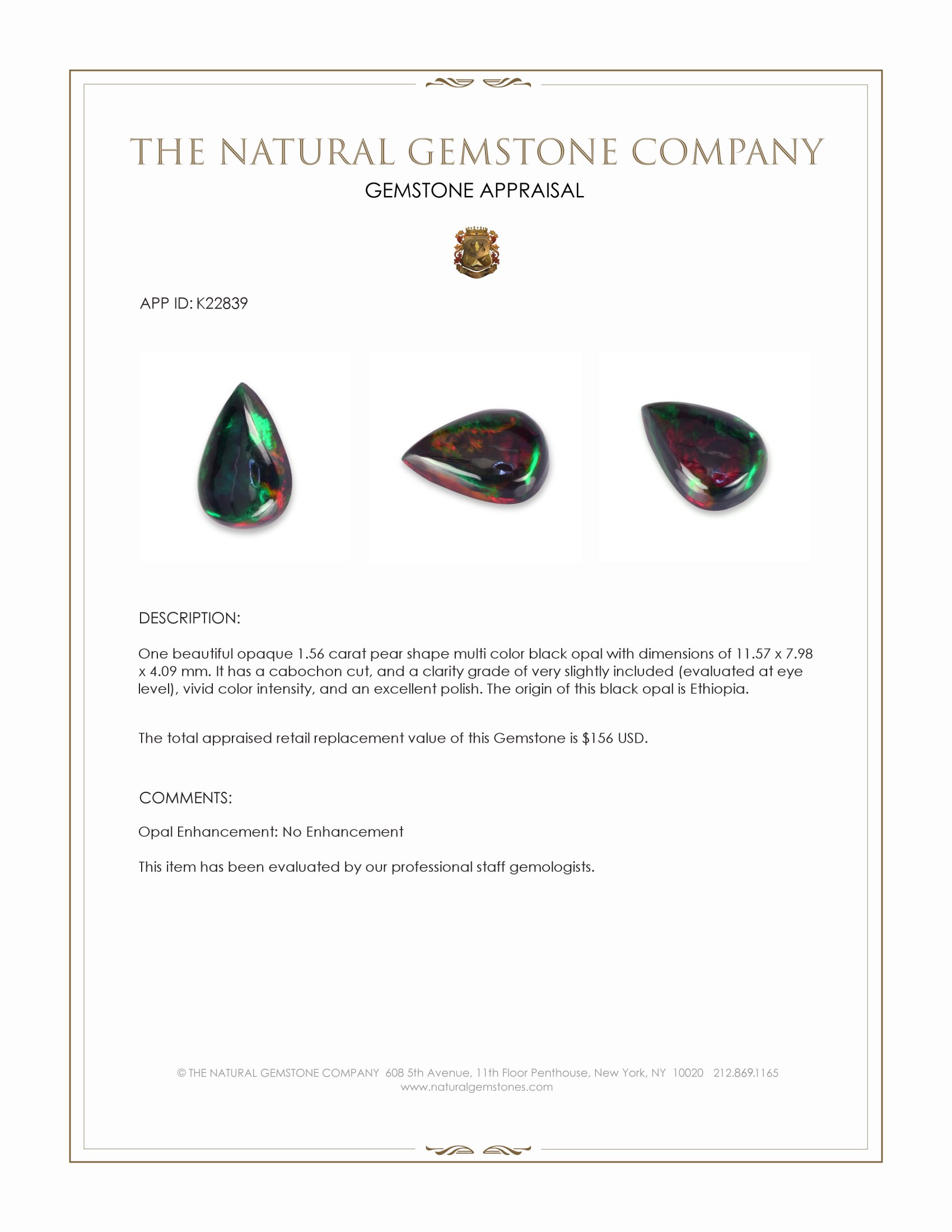 1.56 Ct. Multi Color Cabochon Black Opal from Ethiopia