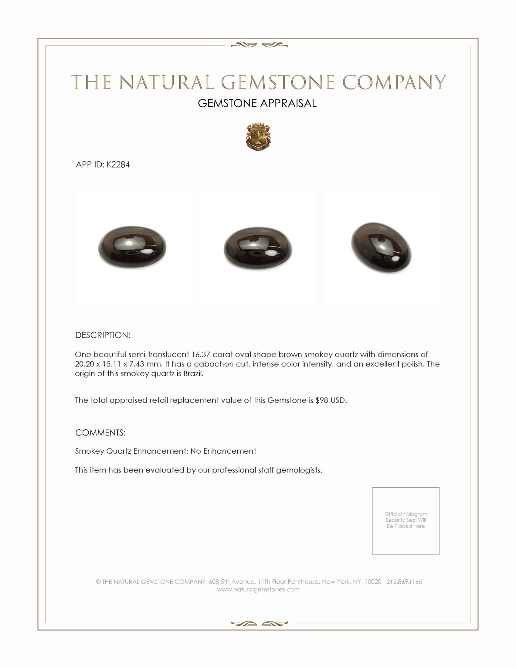 16.37 Ct. Brown Cabochon Smokey Quartz from Brazil