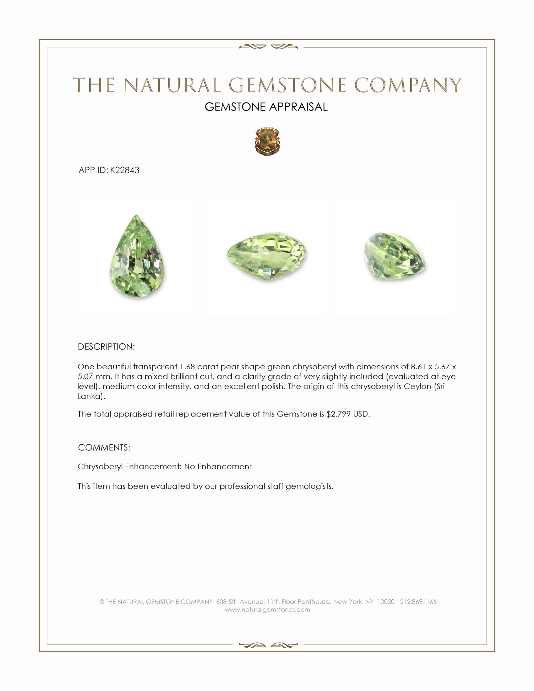 1.68 Ct. Chrysoberyl from Ceylon (Sri Lanka)