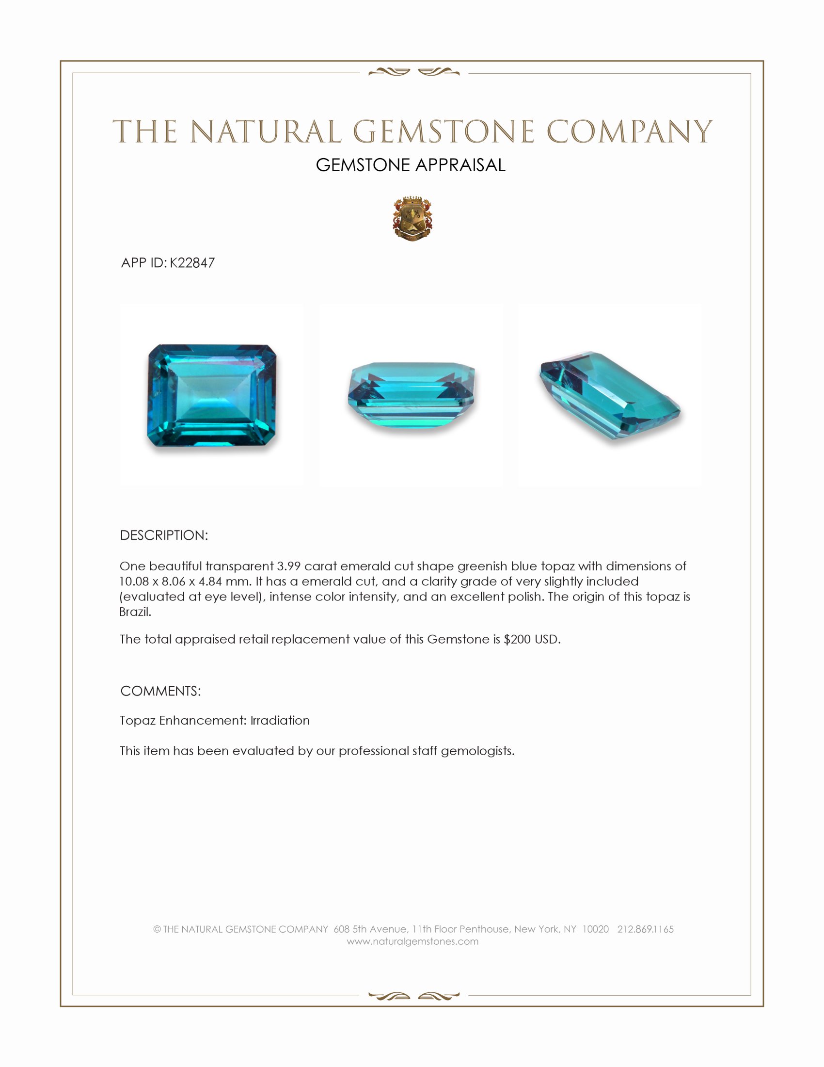 3.99 Ct. Greenish Blue Topaz from Brazil