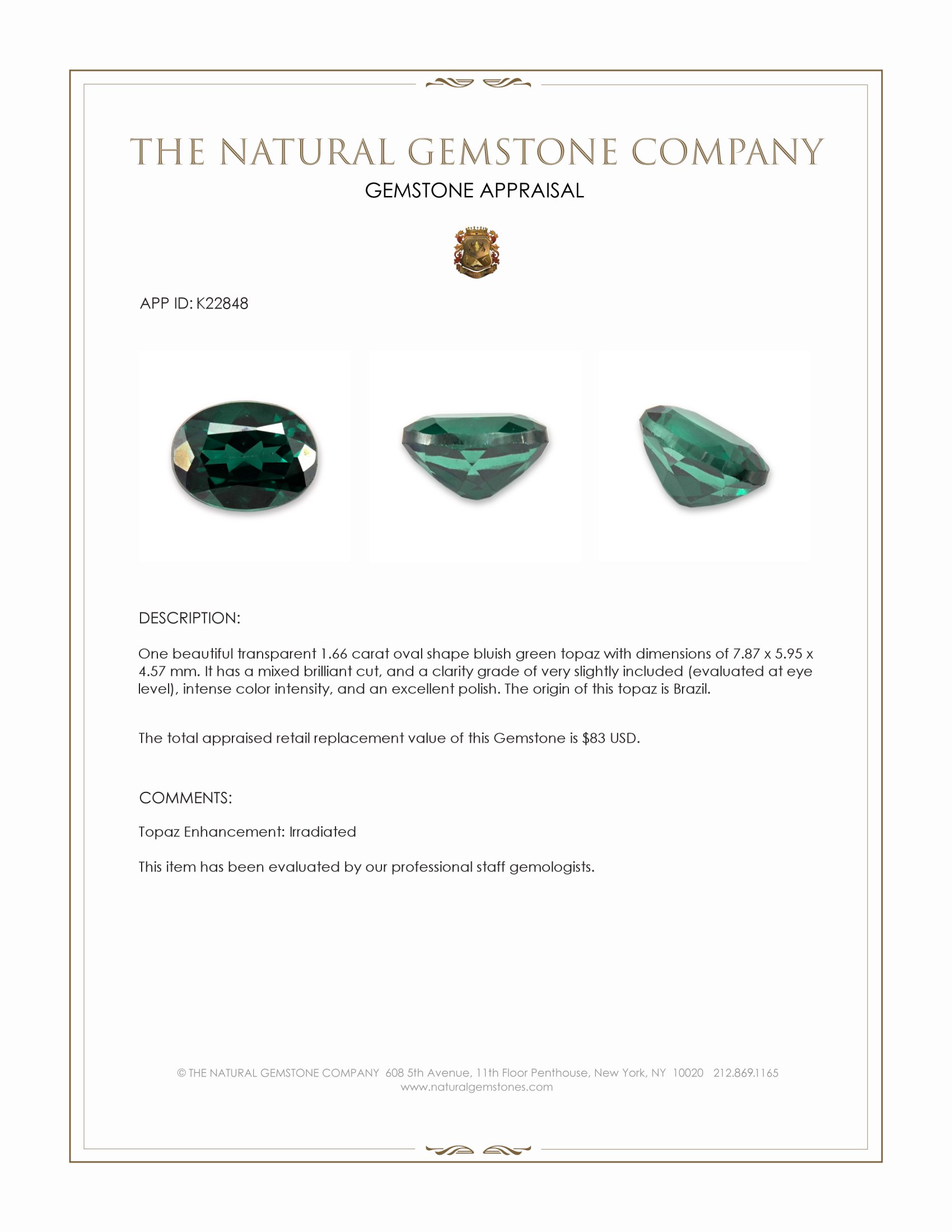 1.66 Ct. Bluish Green Topaz from Brazil
