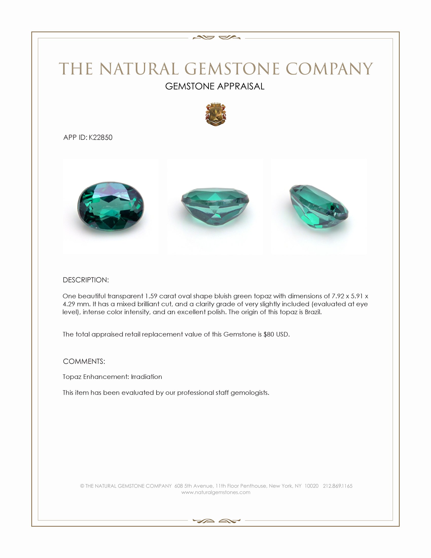1.59 Ct. Bluish Green Topaz from Brazil