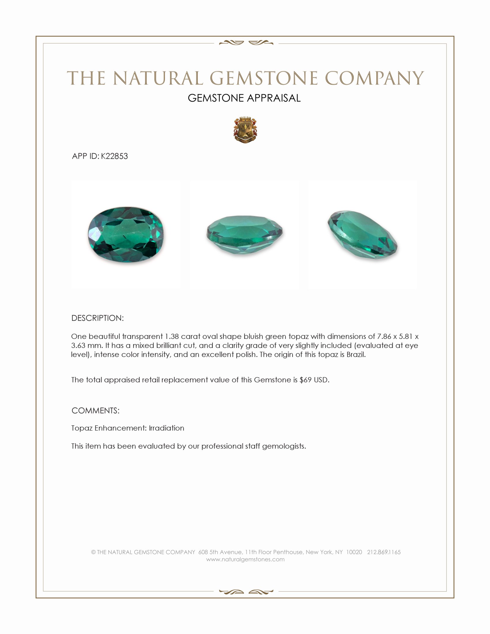 1.38 Ct. Bluish Green Topaz from Brazil