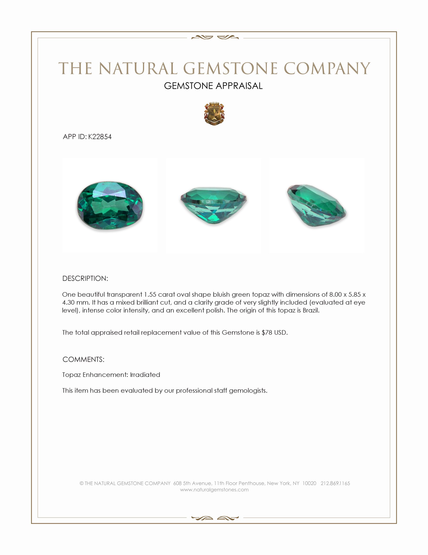 1.55 Ct. Bluish Green Topaz from Brazil