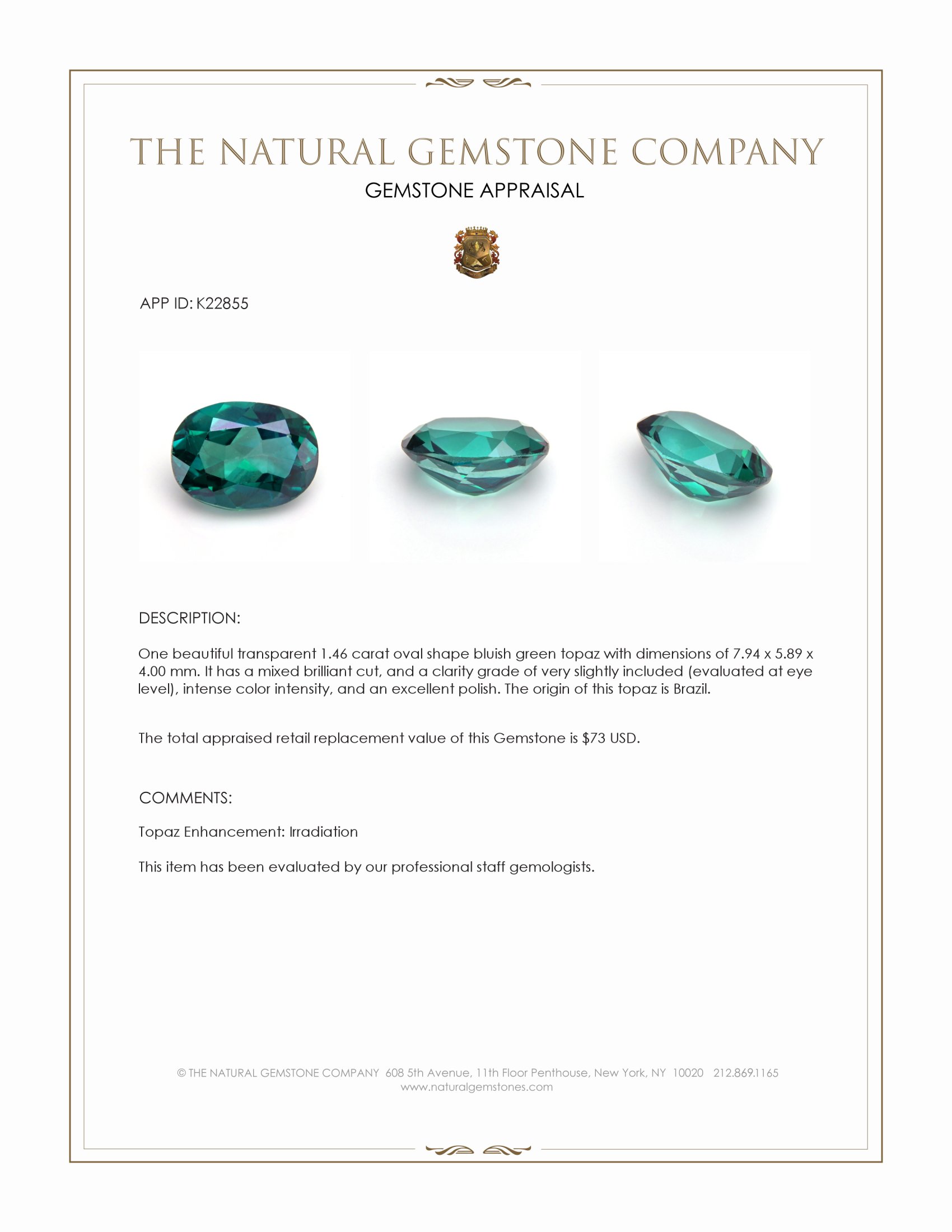 1.46 Ct. Bluish Green Topaz from Brazil