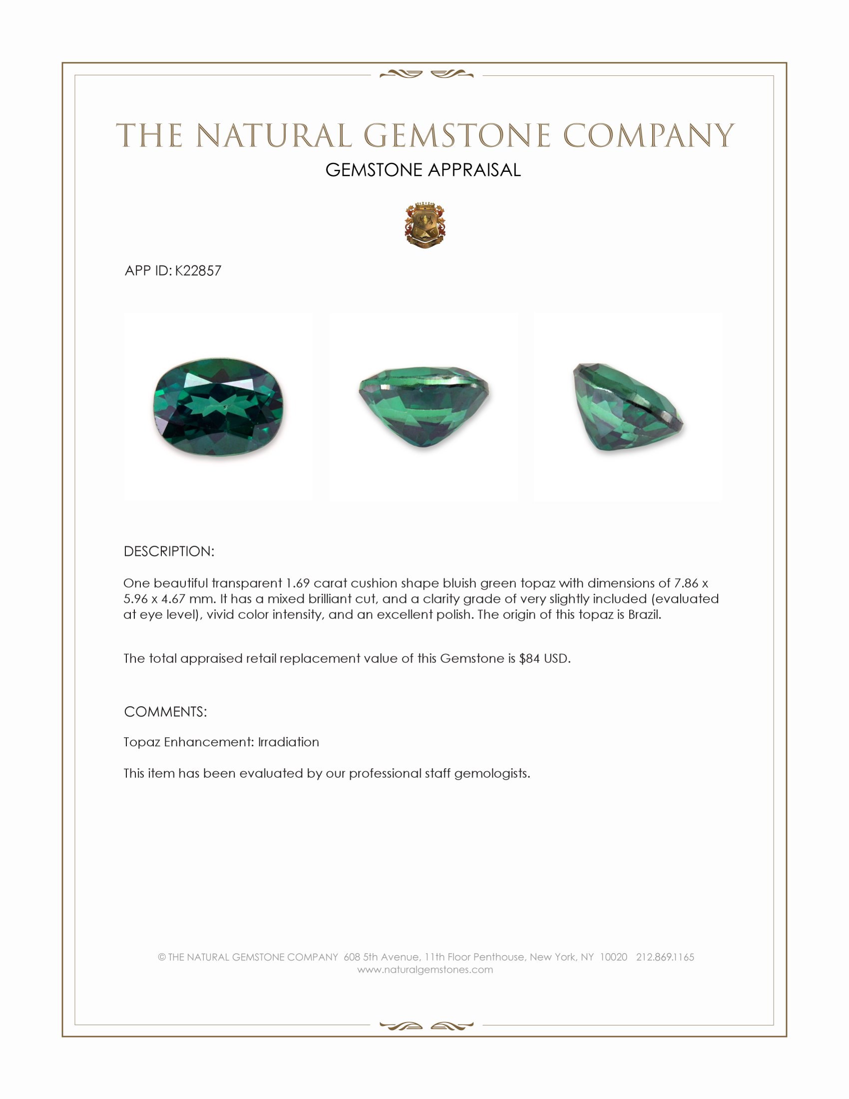 1.69 Ct. Bluish Green Topaz from Brazil