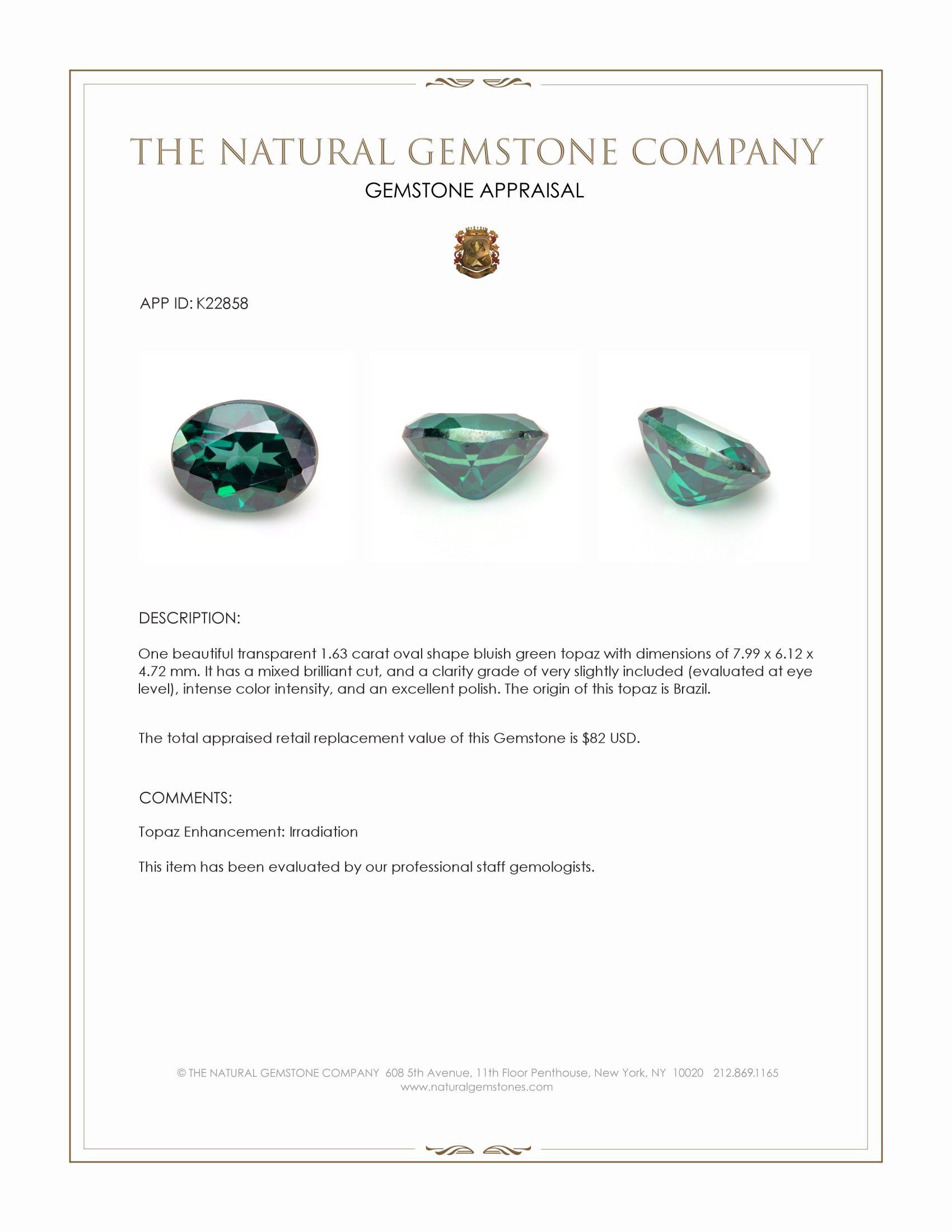 1.63 Ct. Bluish Green Topaz from Brazil