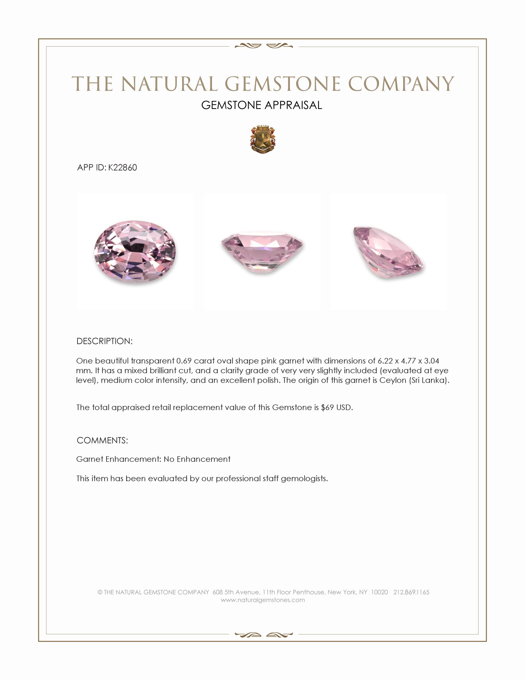 0.69 Ct. Pink Garnet from Ceylon (Sri Lanka)
