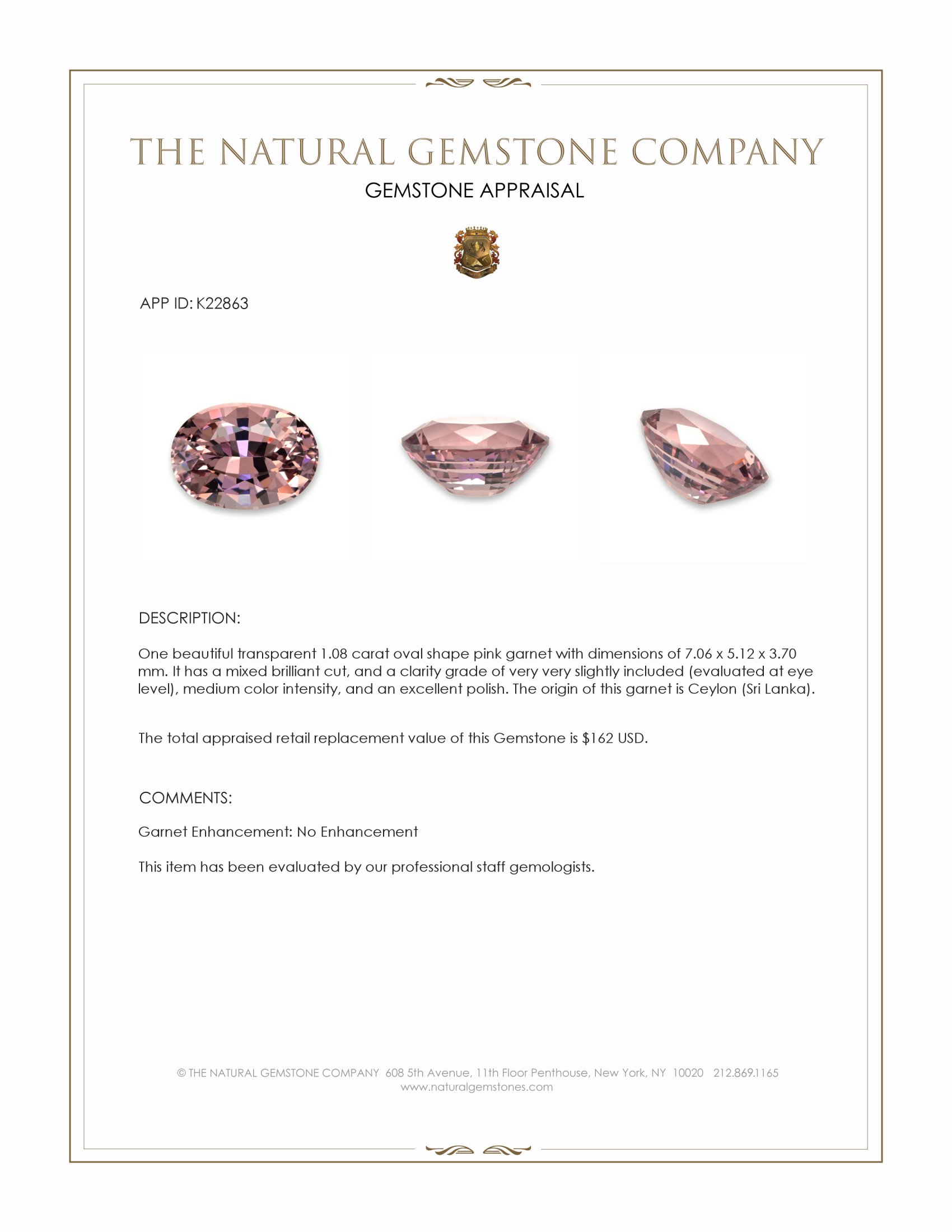1.08 Ct. Pink Garnet from Ceylon (Sri Lanka)