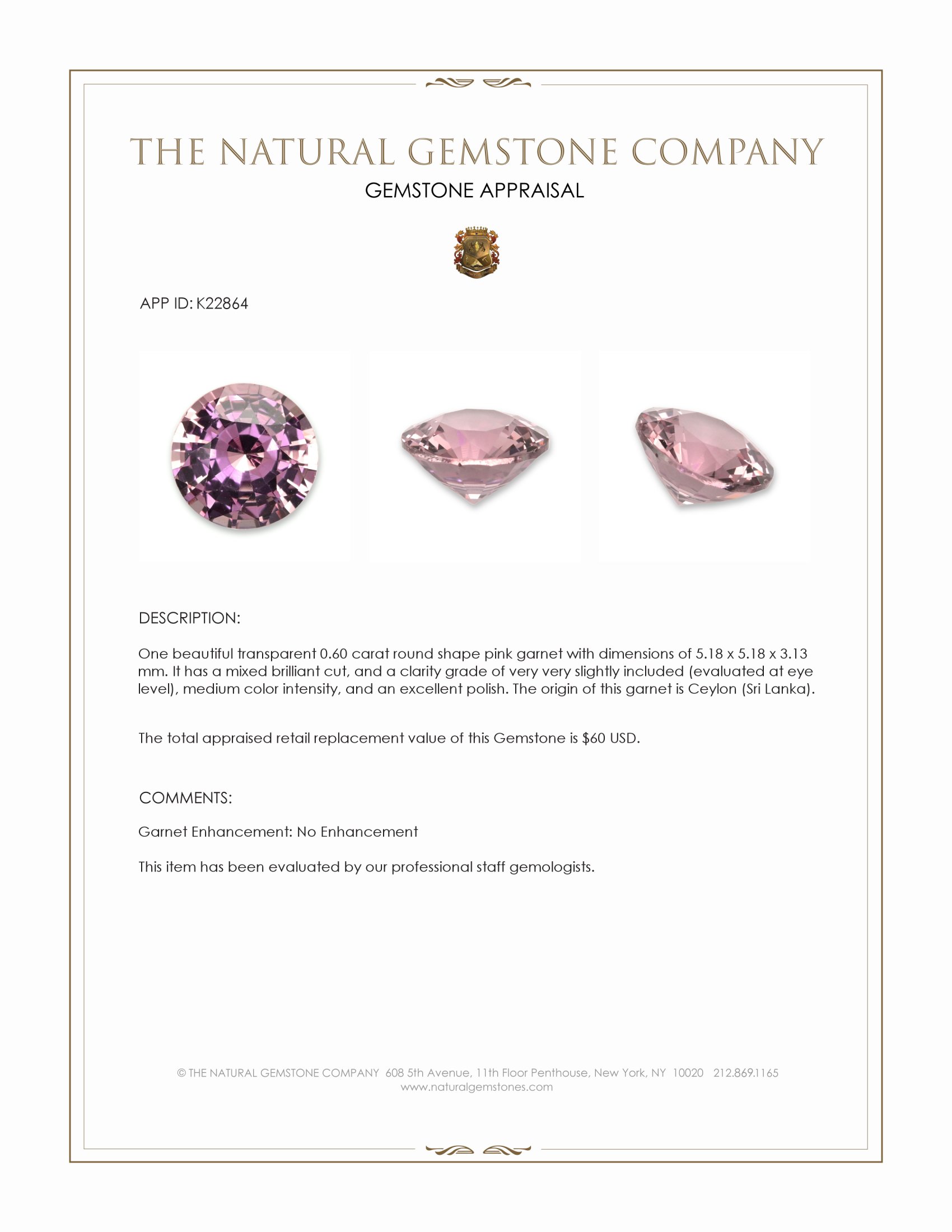 0.60 Ct. Pink Garnet from Ceylon (Sri Lanka)