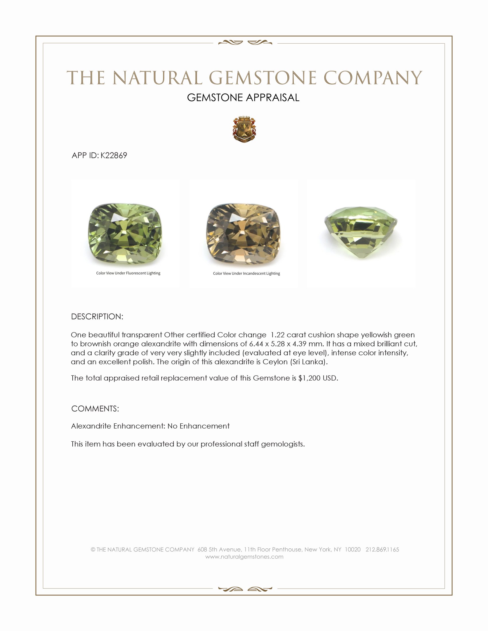 1.22 Ct. Alexandrite from Ceylon (Sri Lanka)