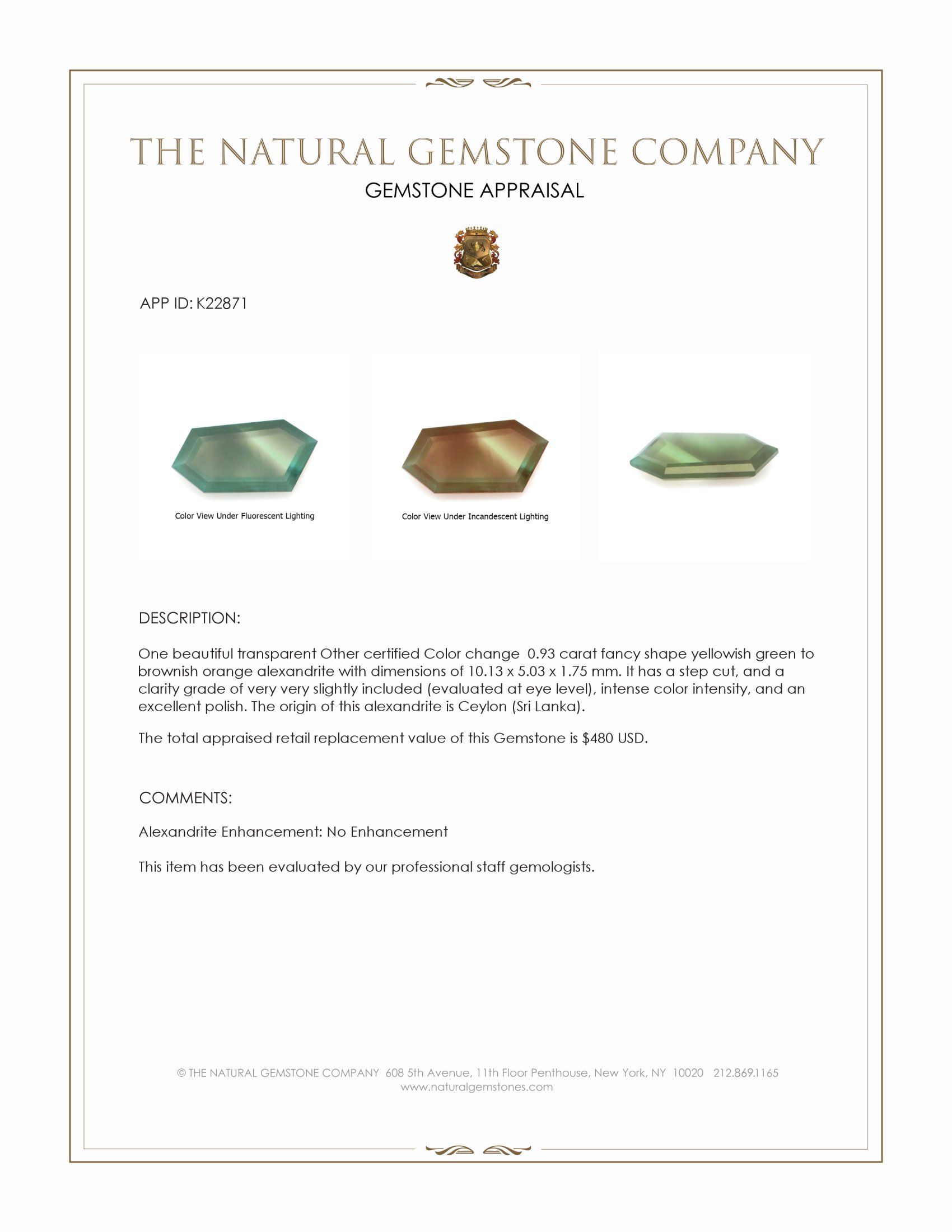 0.93 Ct. Alexandrite from Ceylon (Sri Lanka)