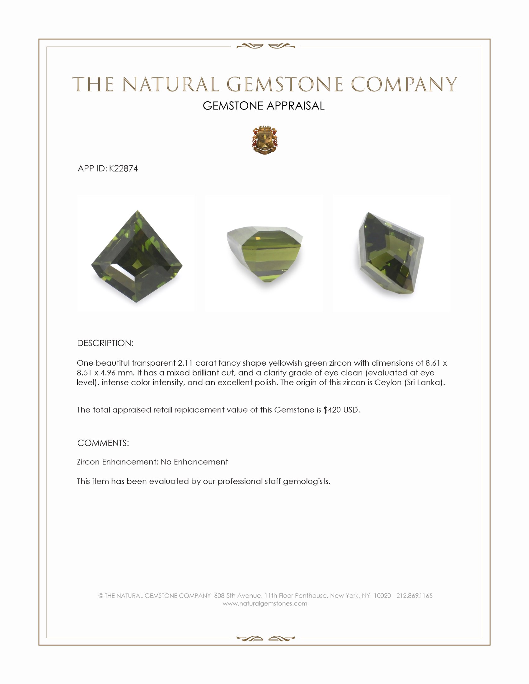 2.11 Ct. Yellowish Green Zircon from Ceylon (Sri Lanka)