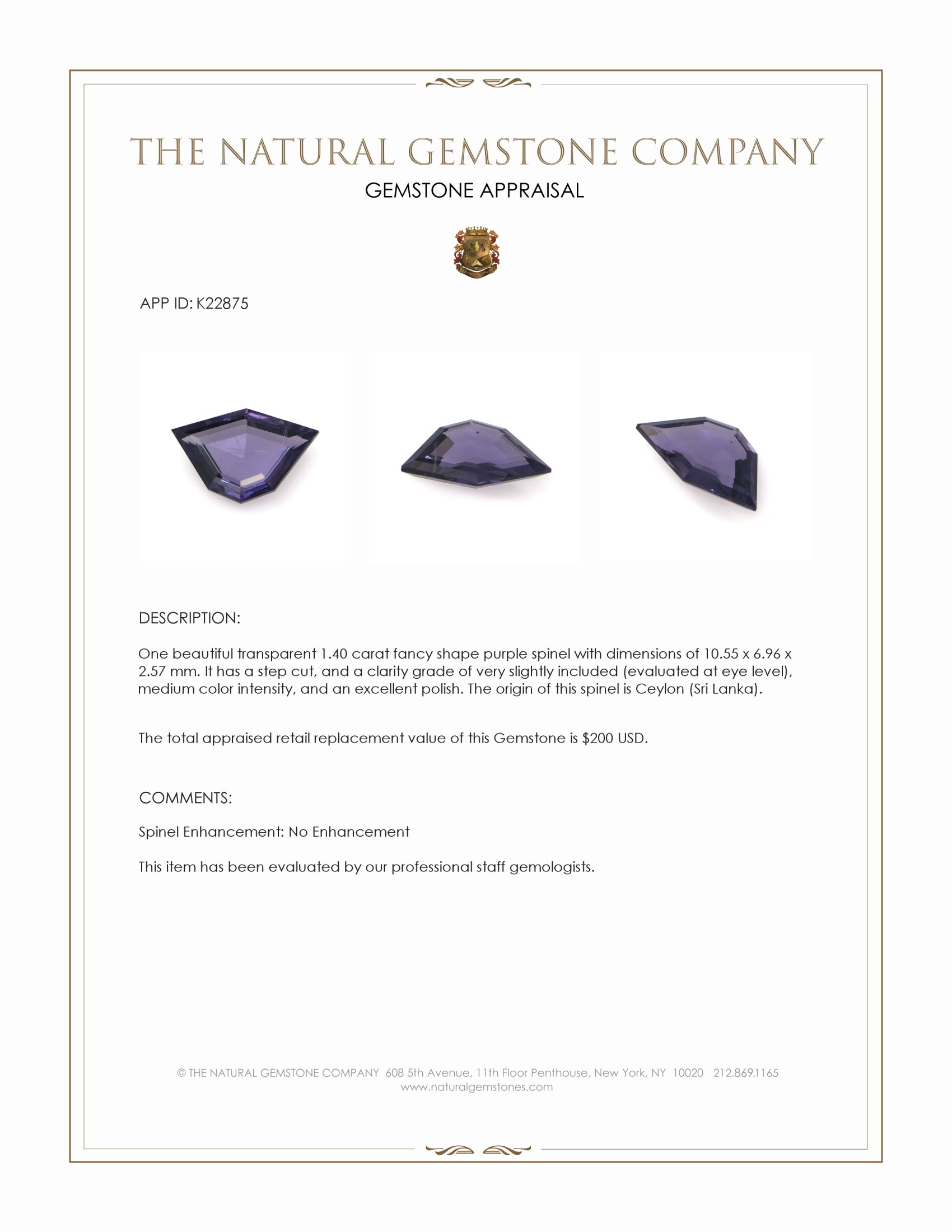 1.40 Ct. Purple Spinel from Ceylon (Sri Lanka)