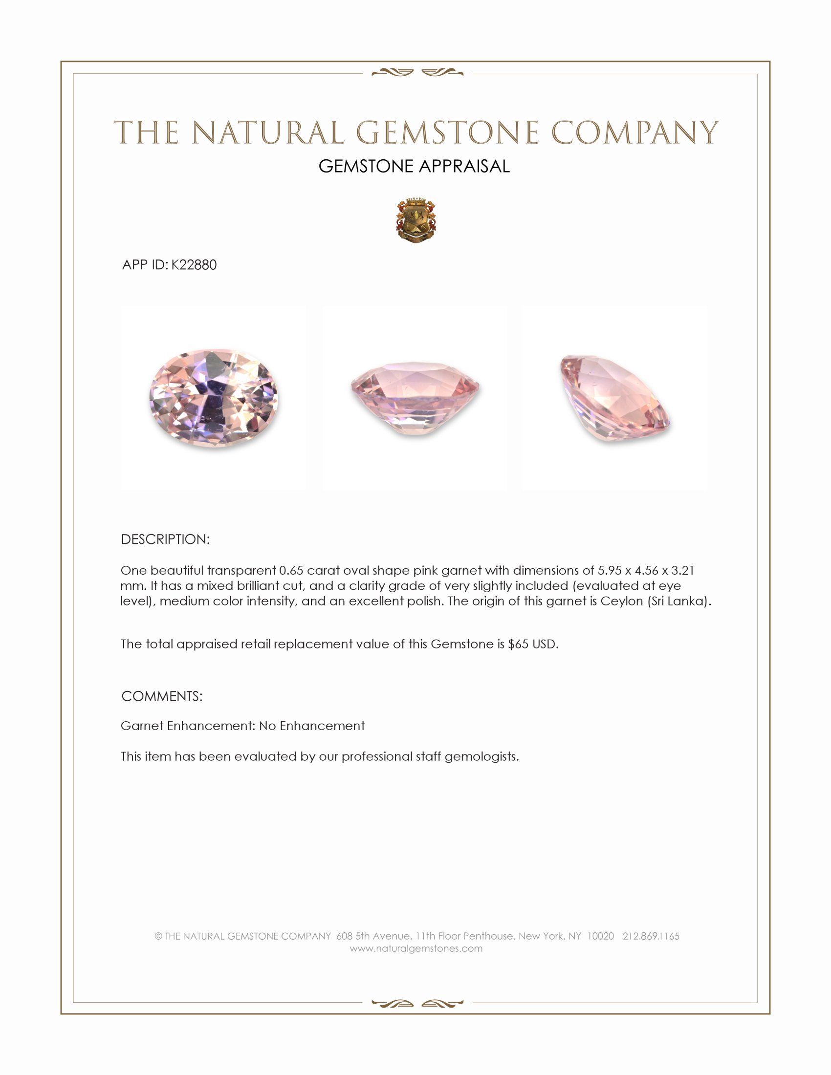 0.65 Ct. Pink Garnet from Ceylon (Sri Lanka)