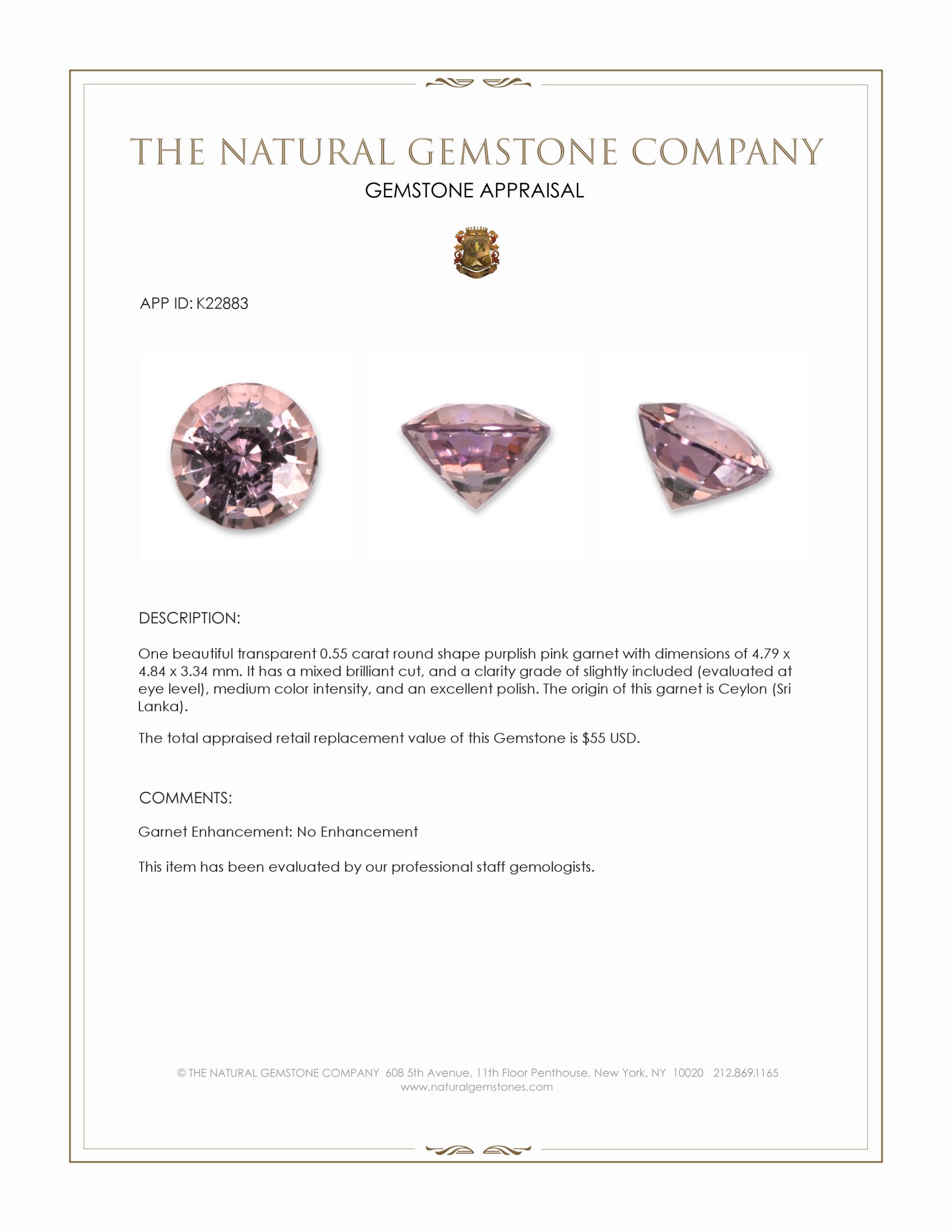 0.55 Ct. Purplish Pink Garnet from Ceylon (Sri Lanka)