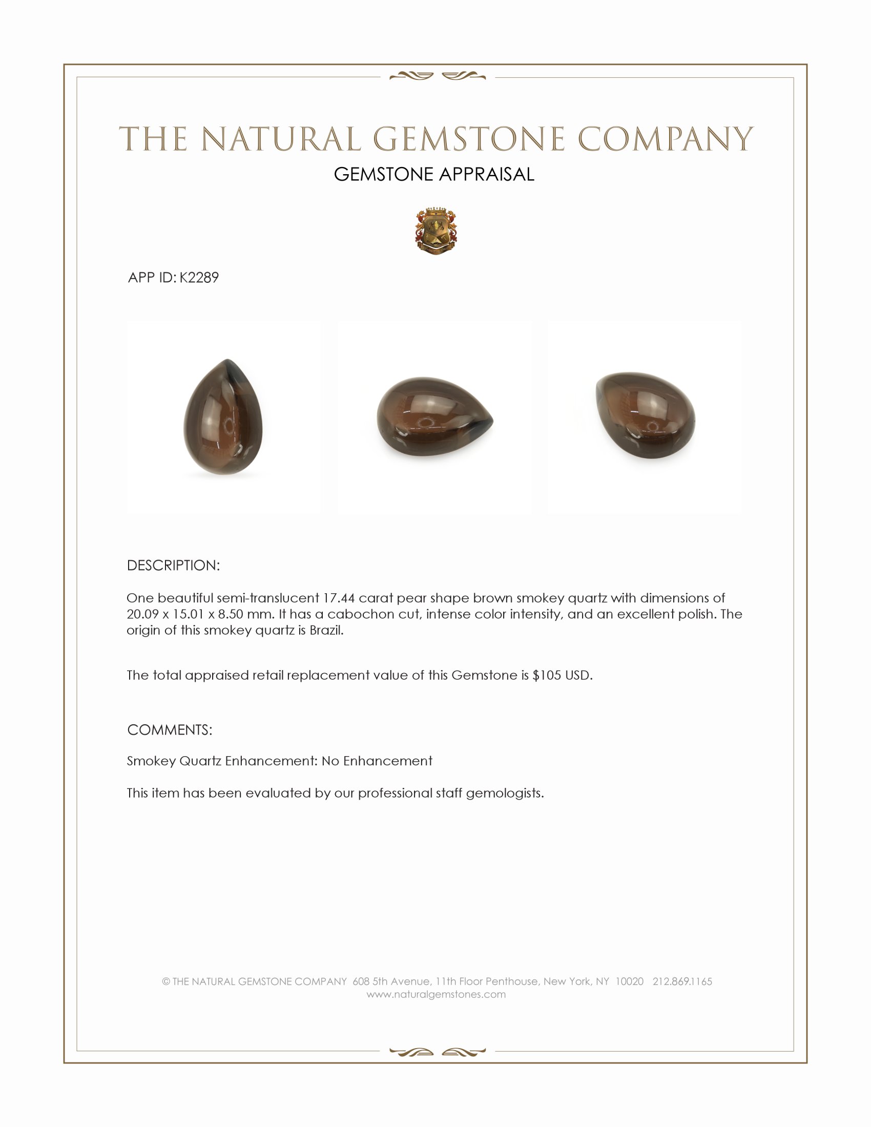 17.44 Ct. Cabochon Smokey Quartz from Brazil