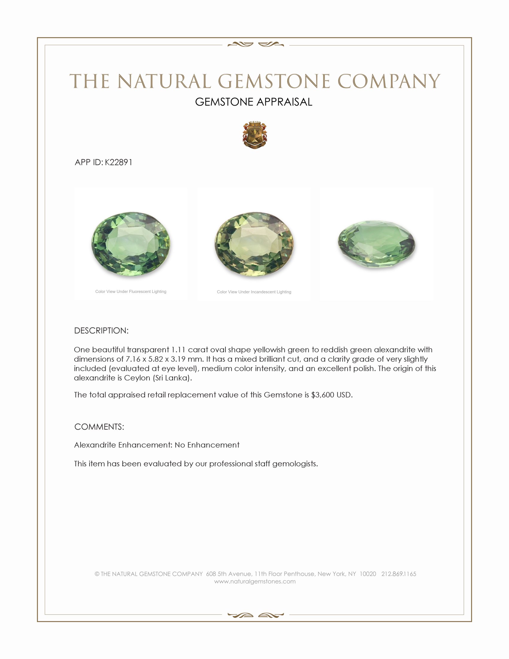 1.11 Ct. Alexandrite from Ceylon (Sri Lanka)