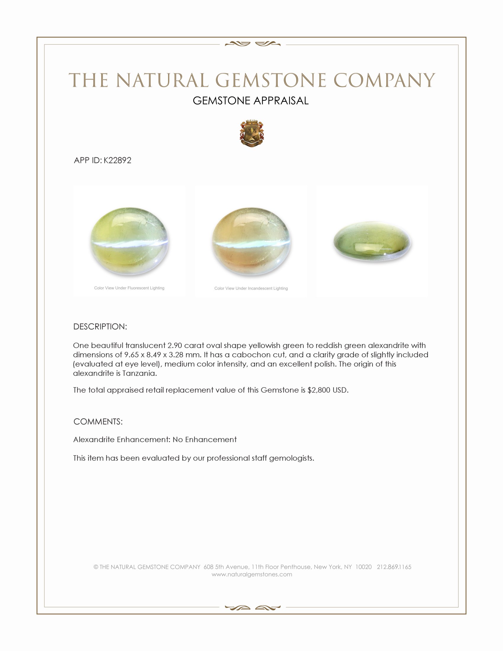 2.90 Ct. Cabochon Alexandrite from Tanzania