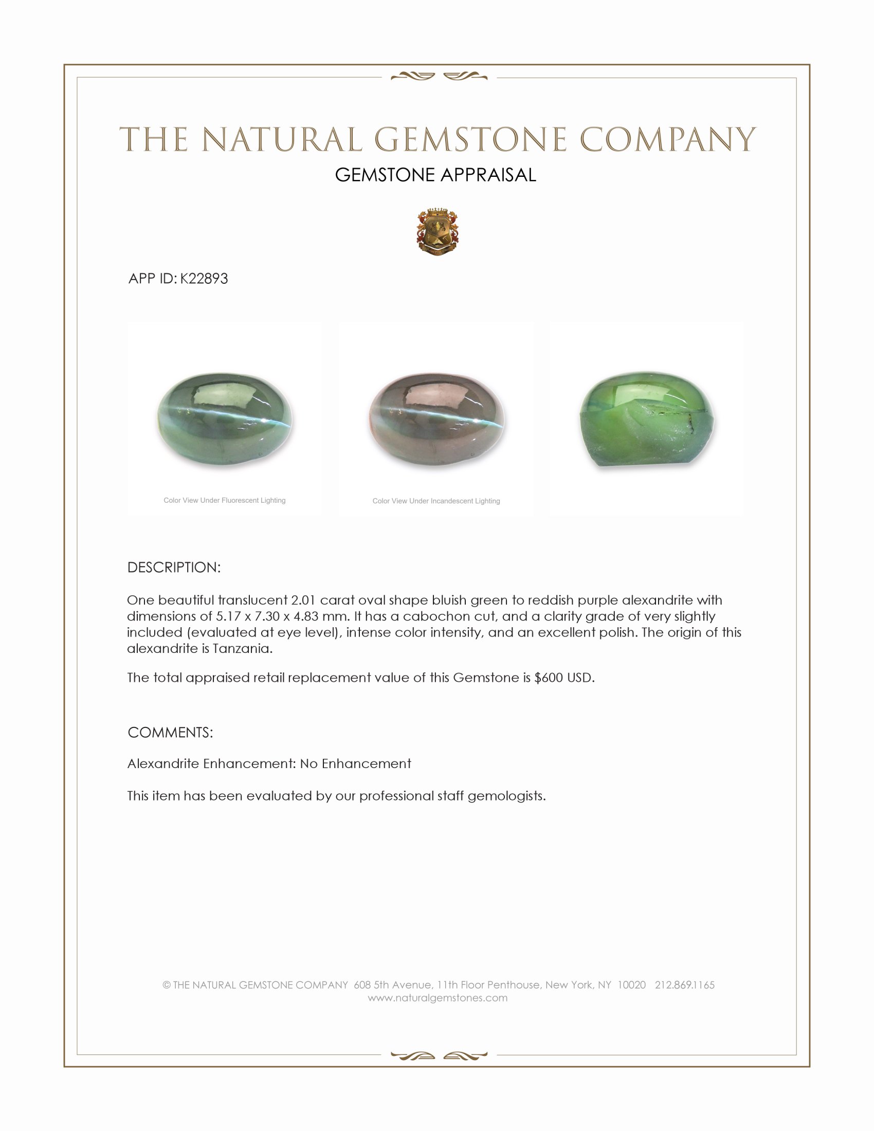 2.01 Ct. Cabochon Alexandrite from Tanzania