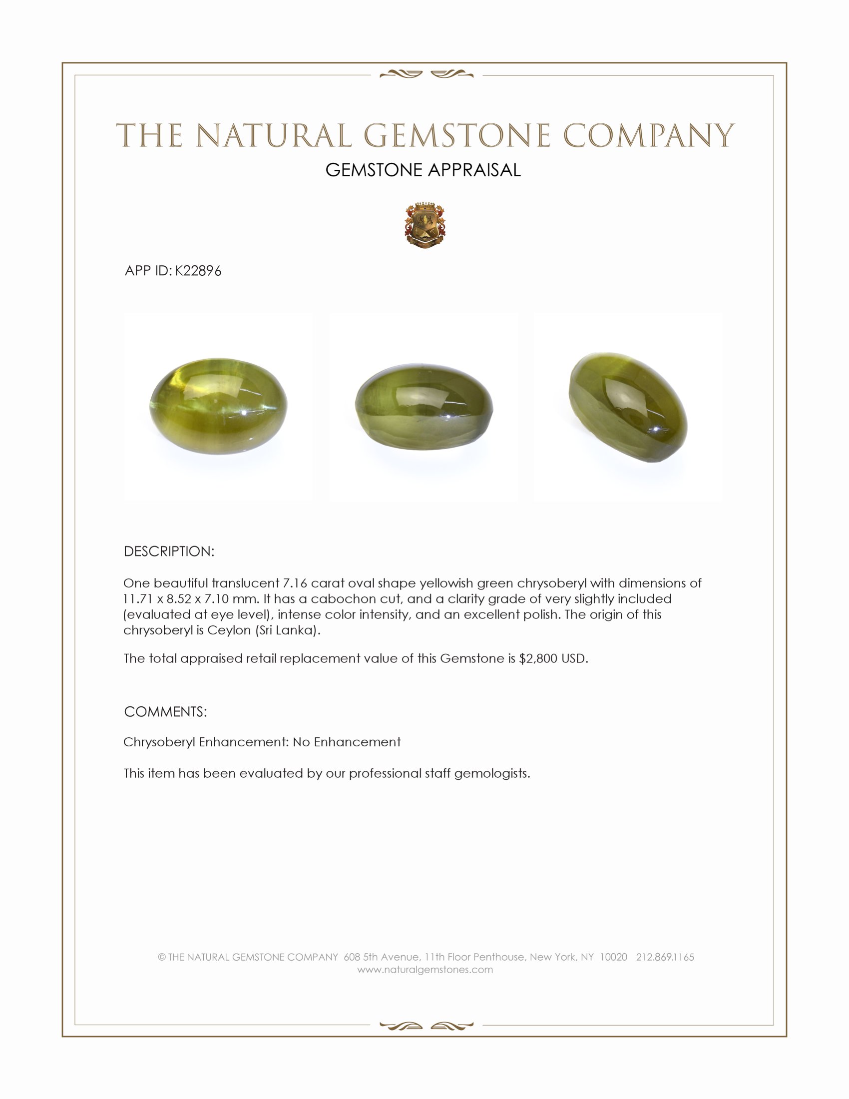 7.16 Ct. Yellowish Green Cabochon Chrysoberyl from Ceylon (Sri Lanka)