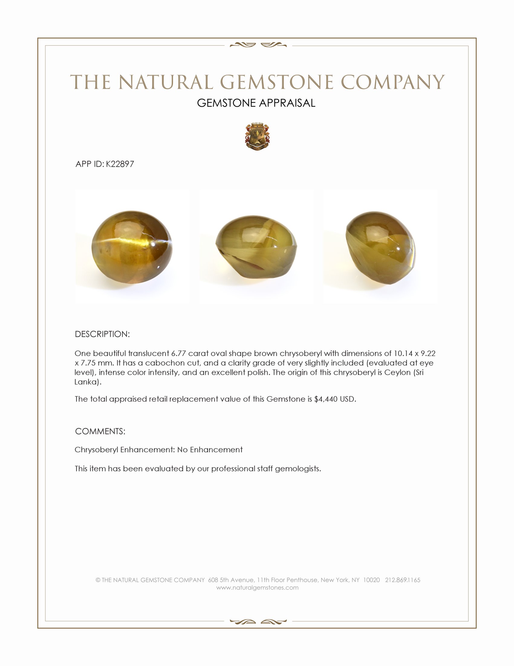 6.77 Ct. Brown Cabochon Chrysoberyl from Ceylon (Sri Lanka)