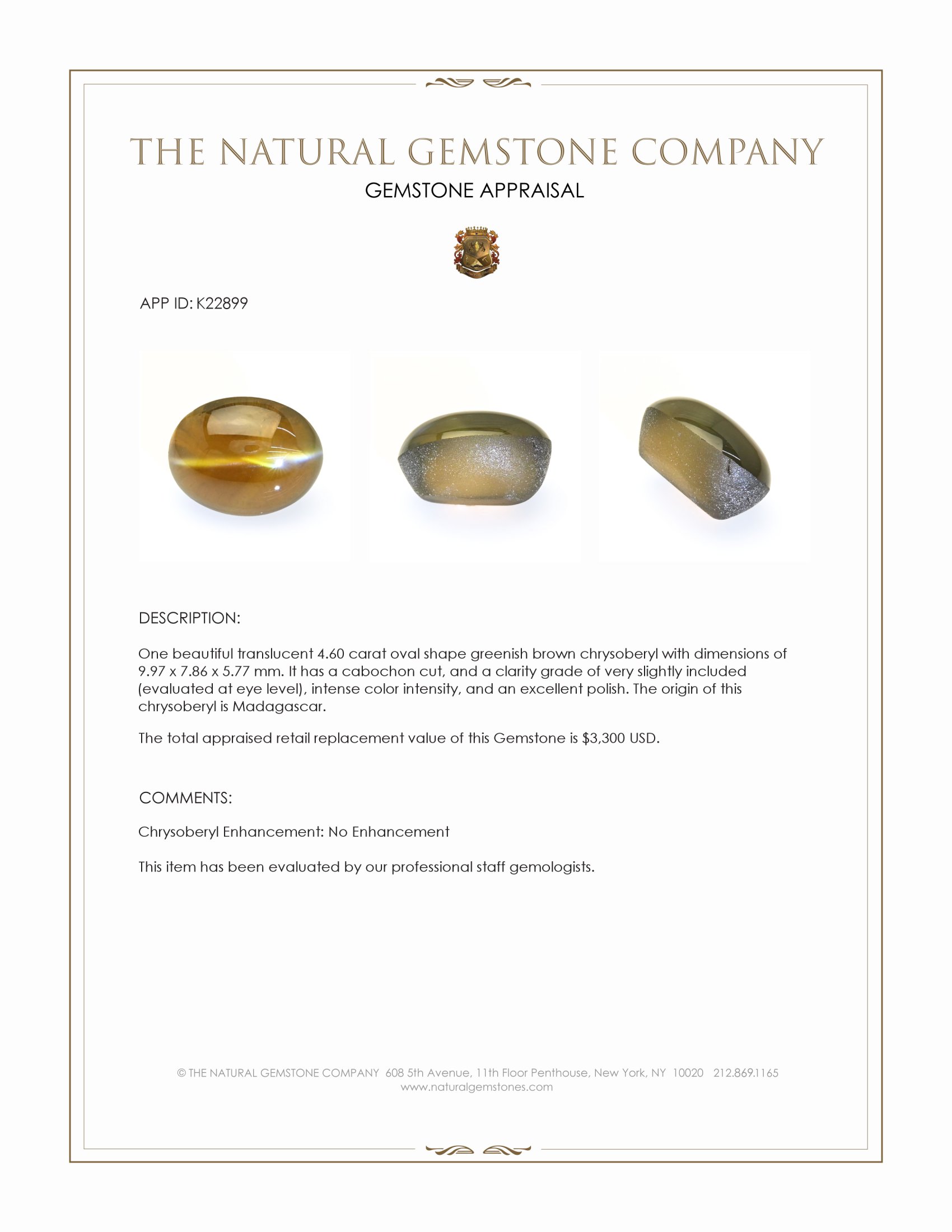 4.60 Ct. Greenish Brown Cabochon Chrysoberyl from Madagascar