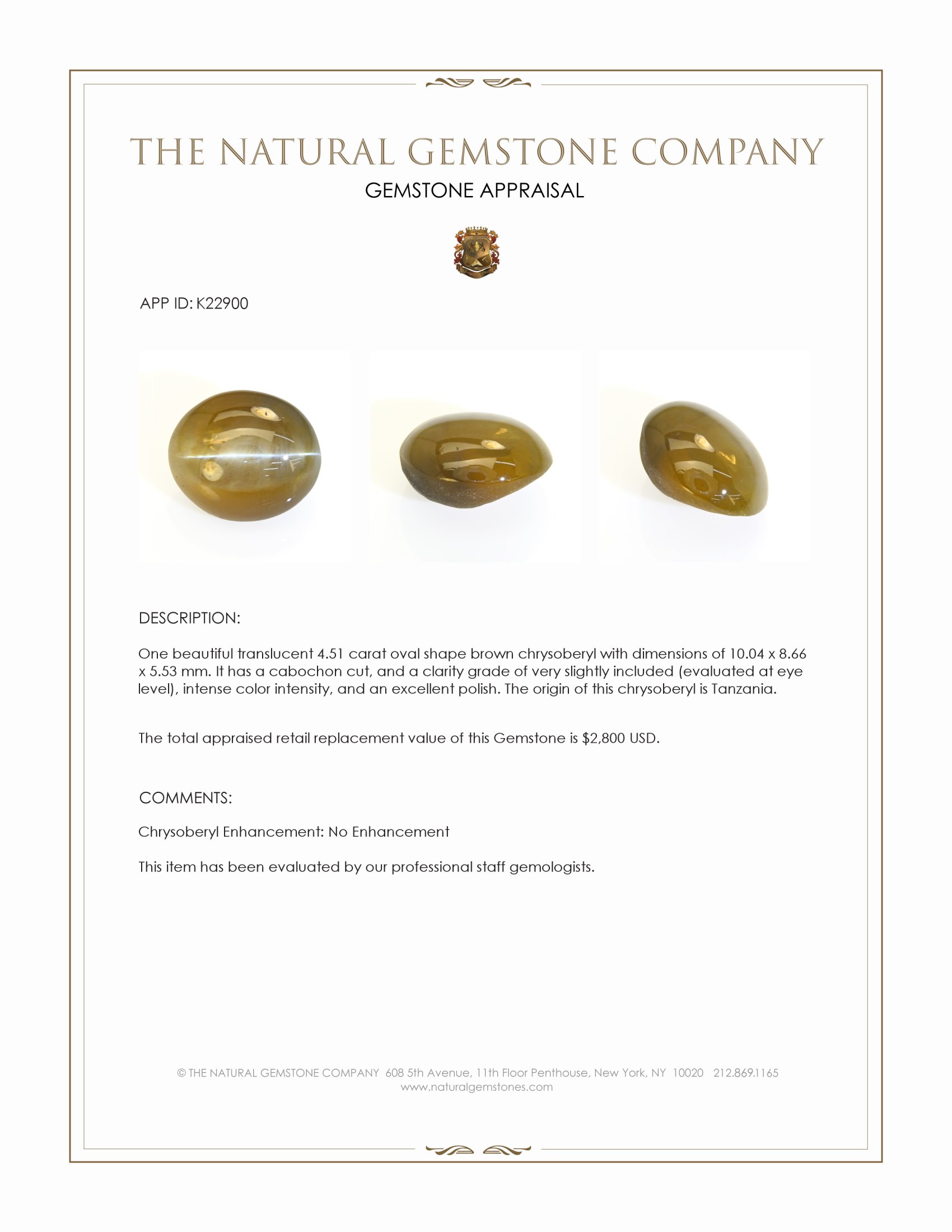 4.51 Ct. Brown Cabochon Chrysoberyl from Tanzania