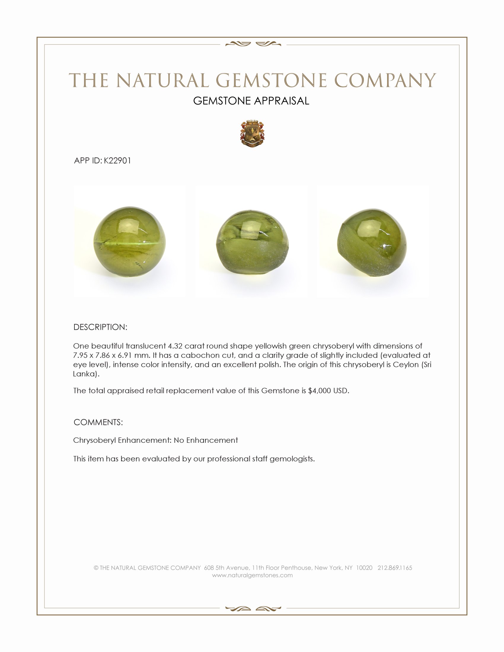 4.32 Ct. Yellowish Green Cabochon Chrysoberyl from Ceylon (Sri Lanka)