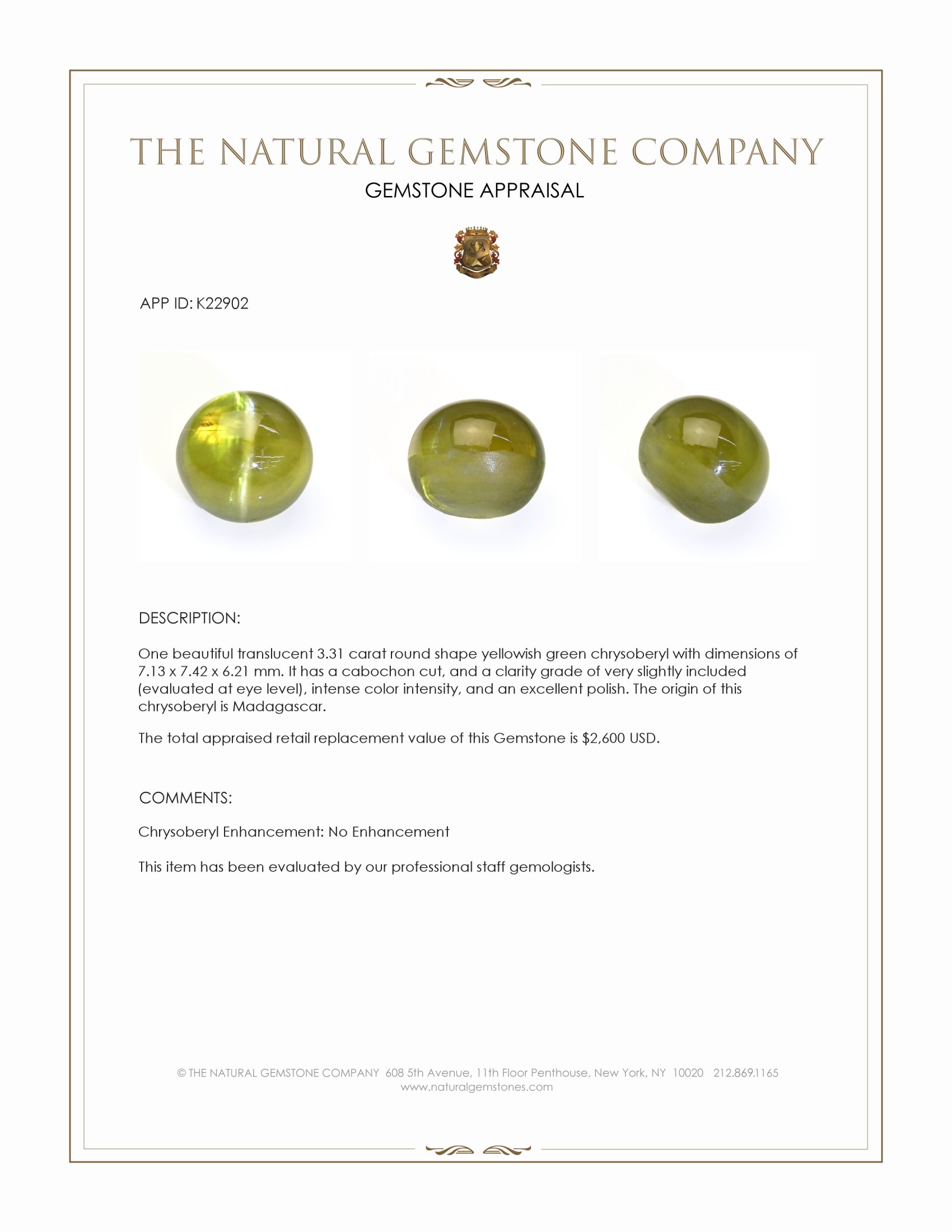 3.31 Ct. Yellowish Green Cabochon Chrysoberyl from Madagascar