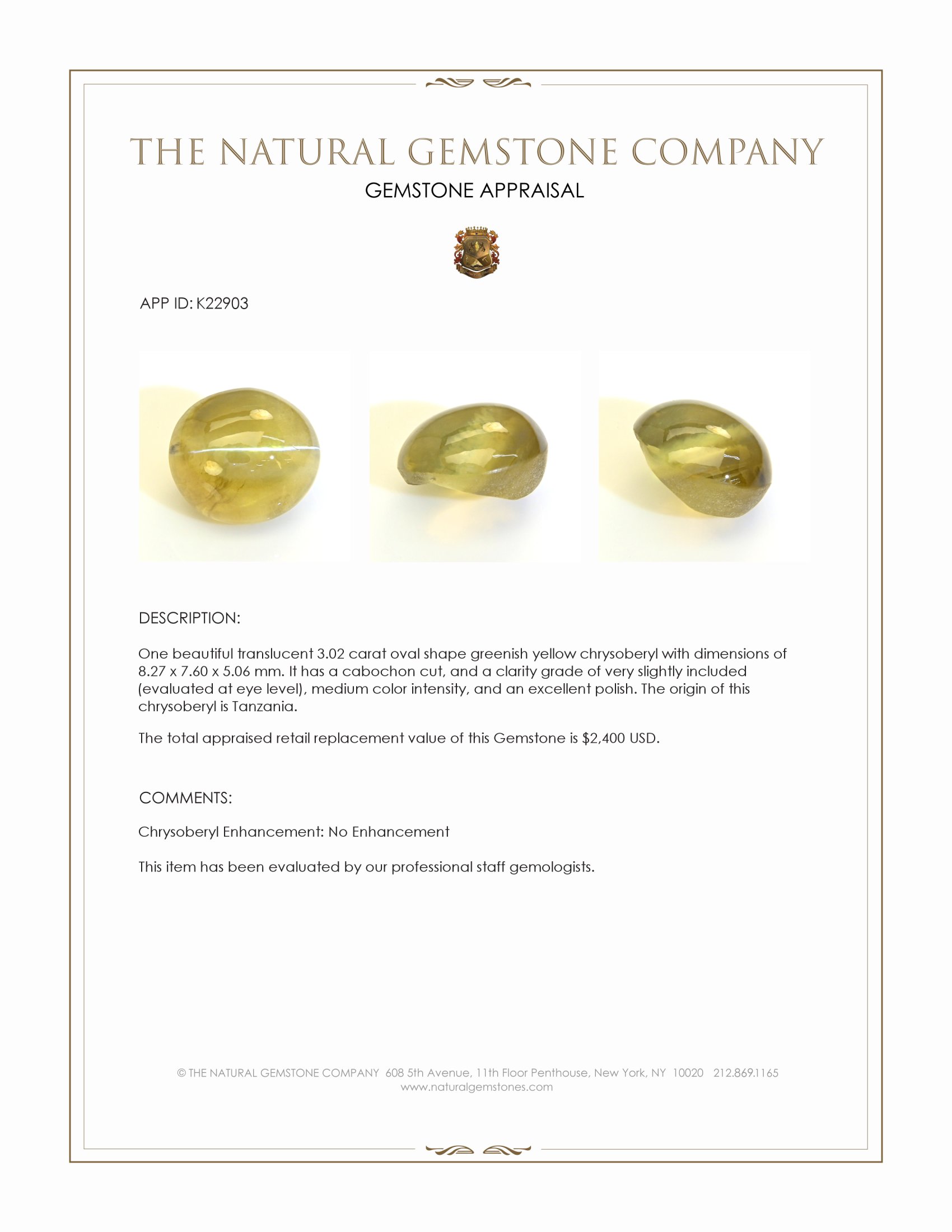 3.02 Ct. Greenish Yellow Cabochon Chrysoberyl from Tanzania