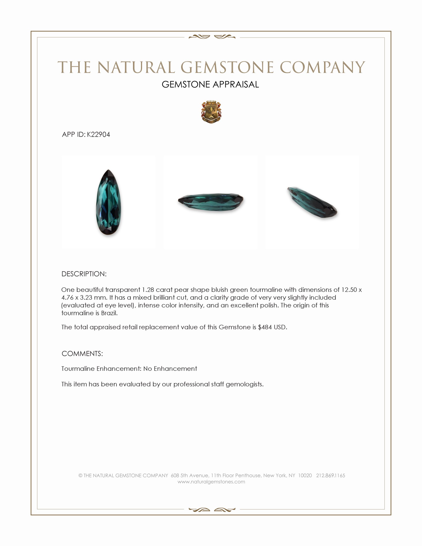 1.28 Ct. Bluish Green Tourmaline from Brazil