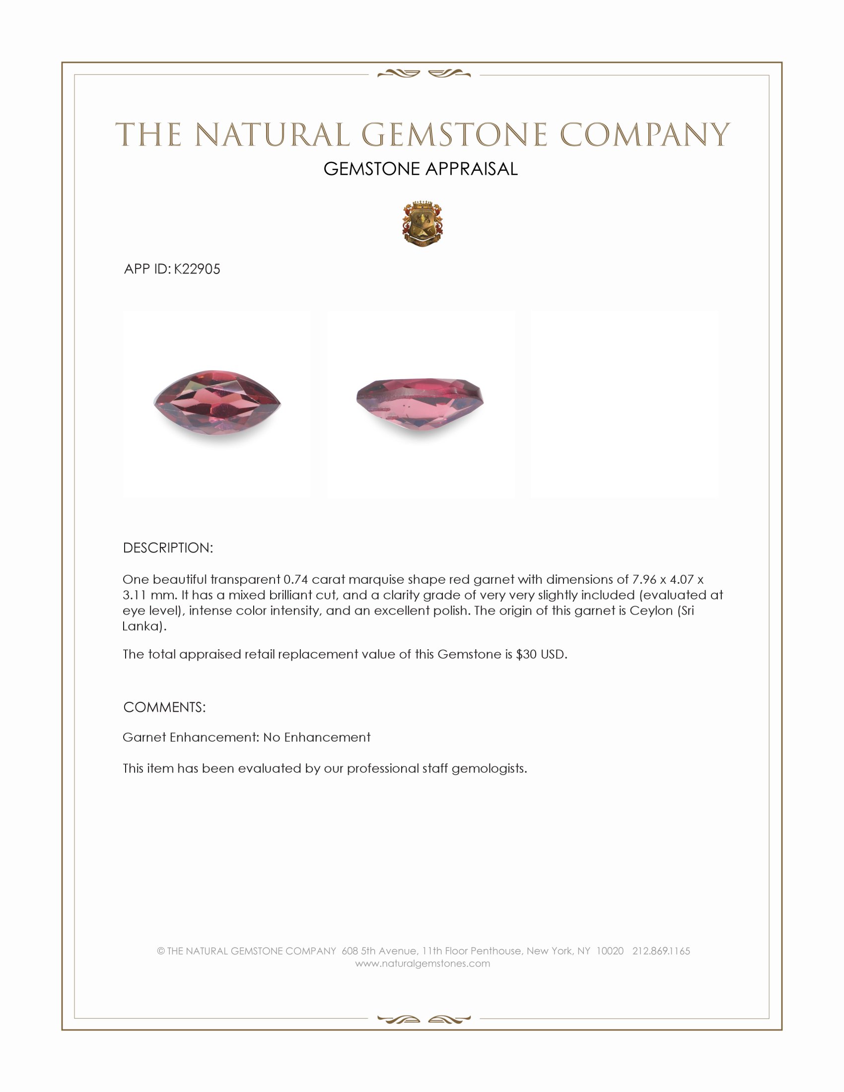 0.74 Ct. Garnet from Ceylon (Sri Lanka)