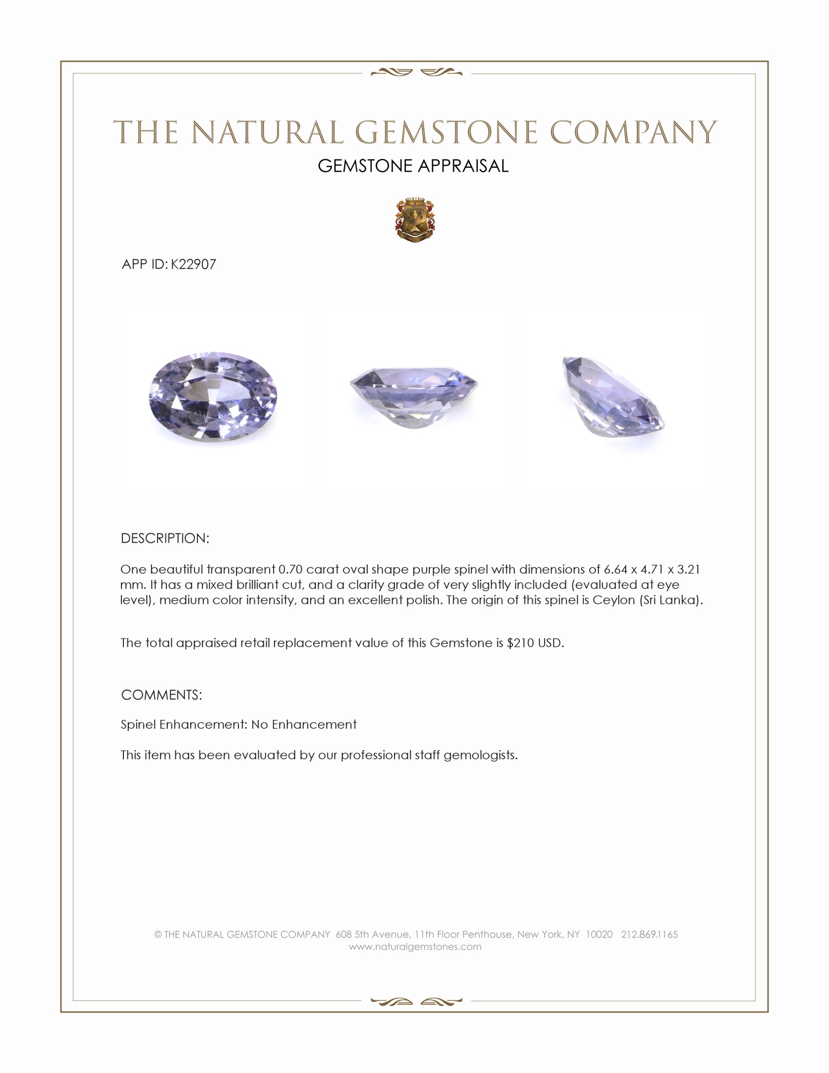 0.70 Ct. Purple Spinel from Ceylon (Sri Lanka)