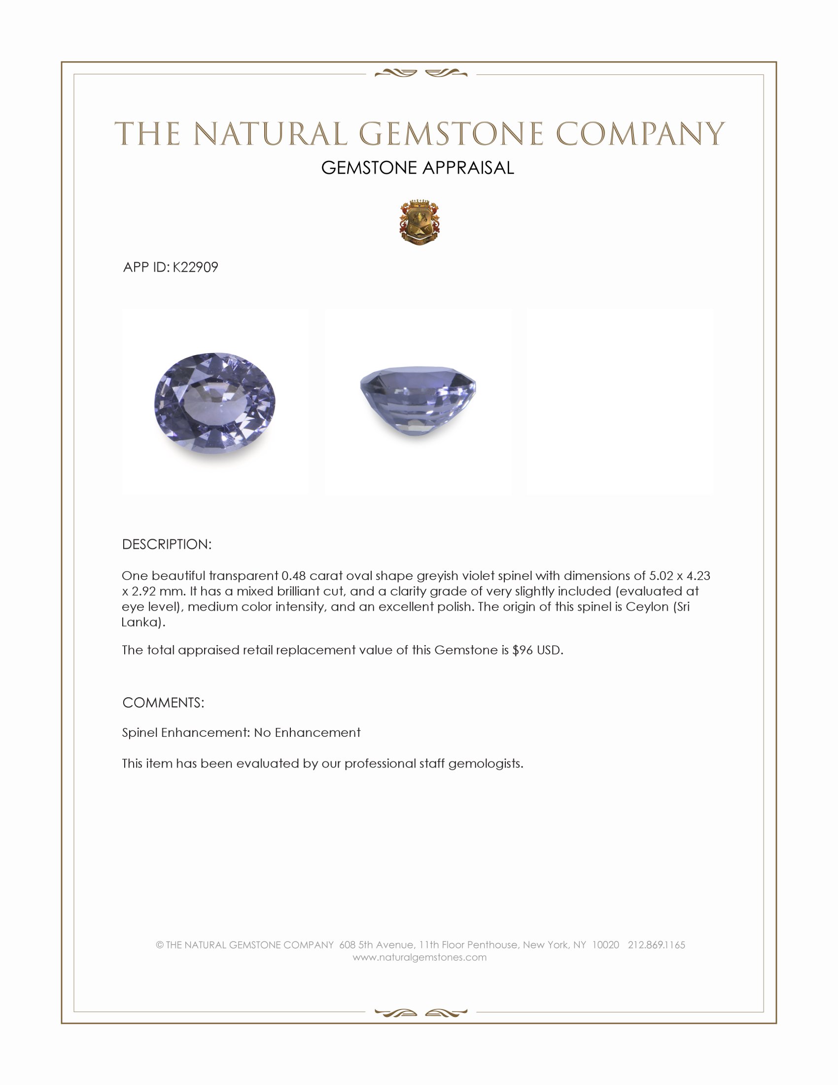 0.48 Ct. Greyish Violet Spinel from Ceylon (Sri Lanka)