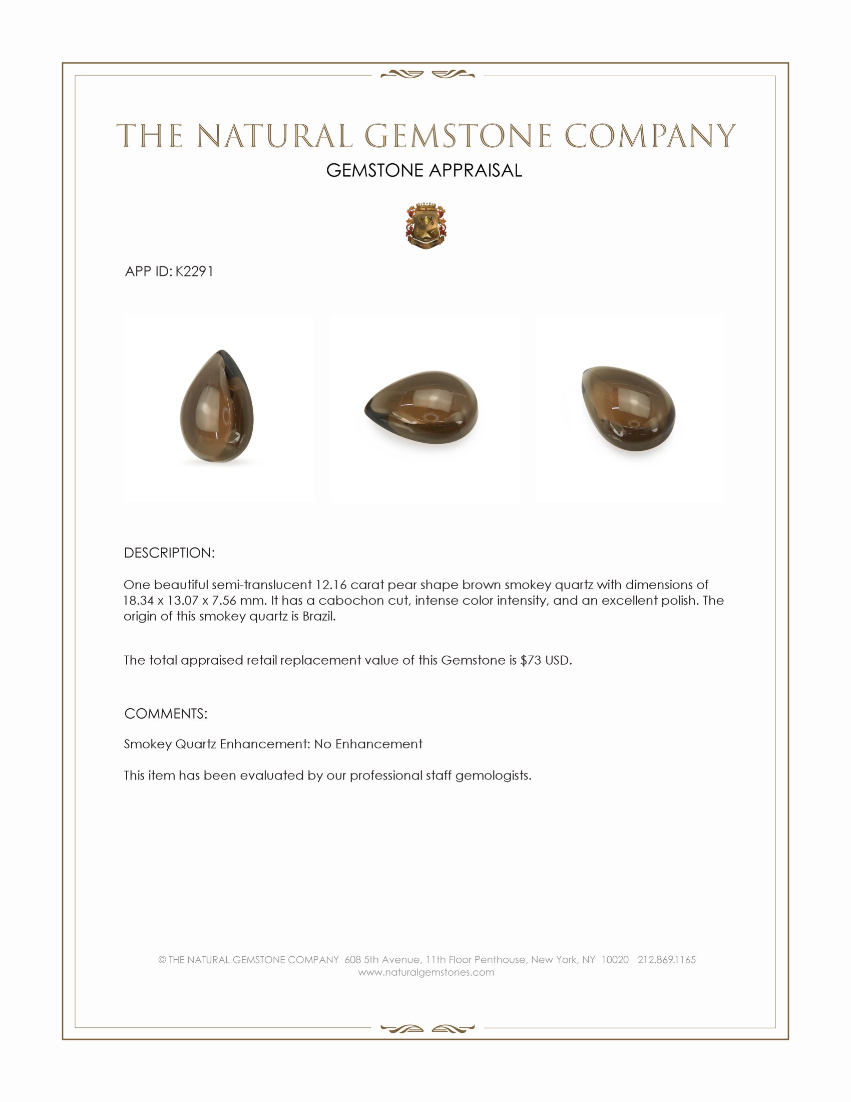 12.16 Ct. Cabochon Smokey Quartz from Brazil