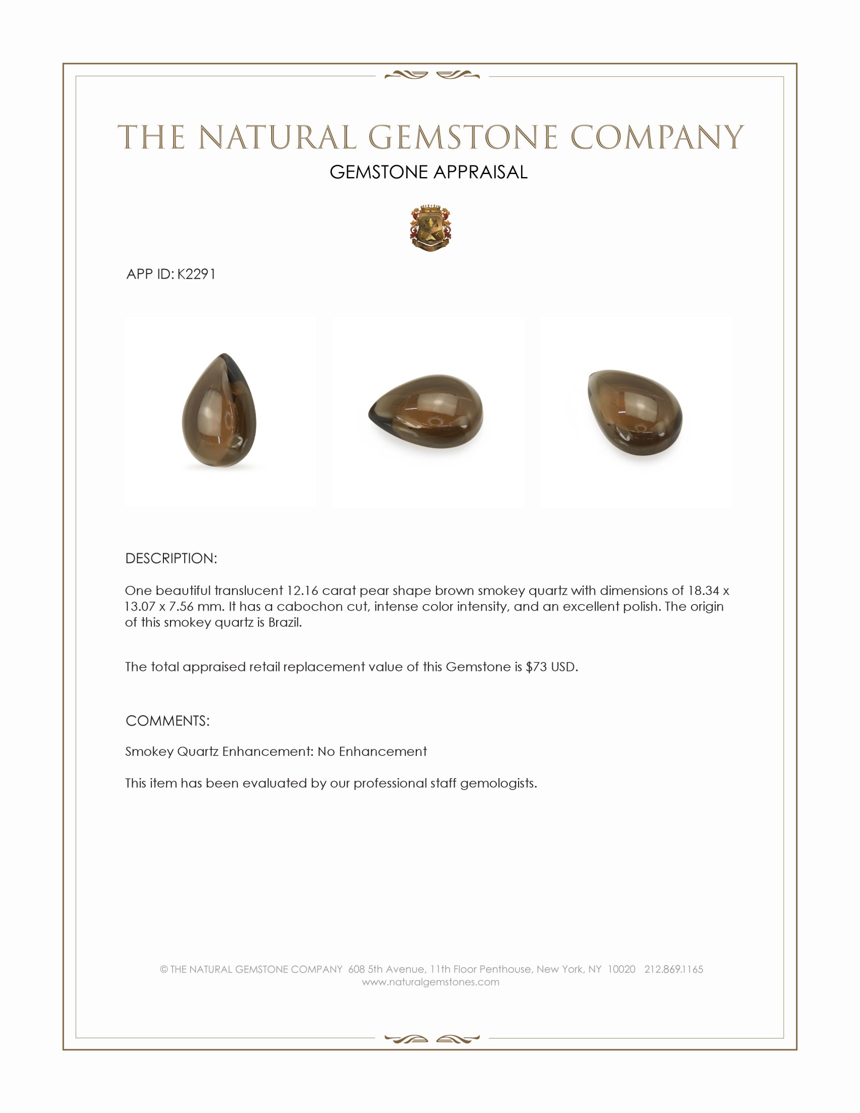 12.16 Ct. Cabochon Smokey Quartz from Brazil