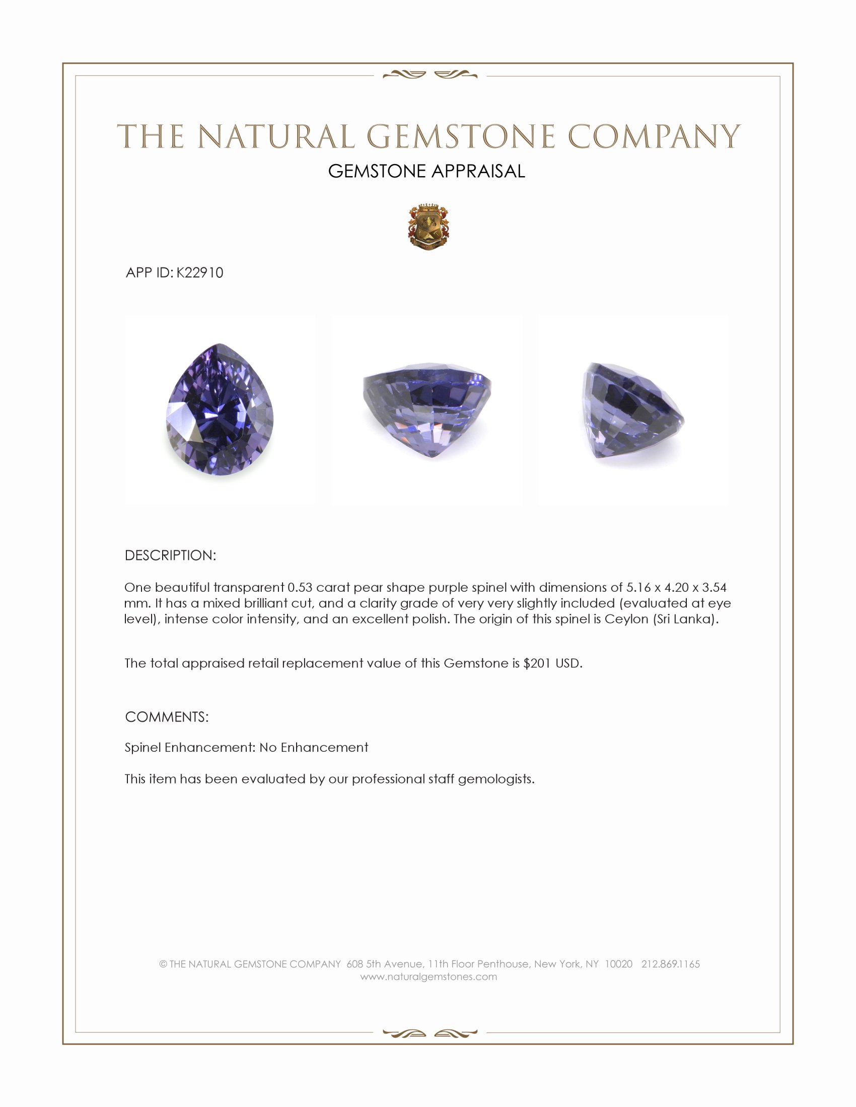 0.53 Ct. Purple Spinel from Ceylon (Sri Lanka)