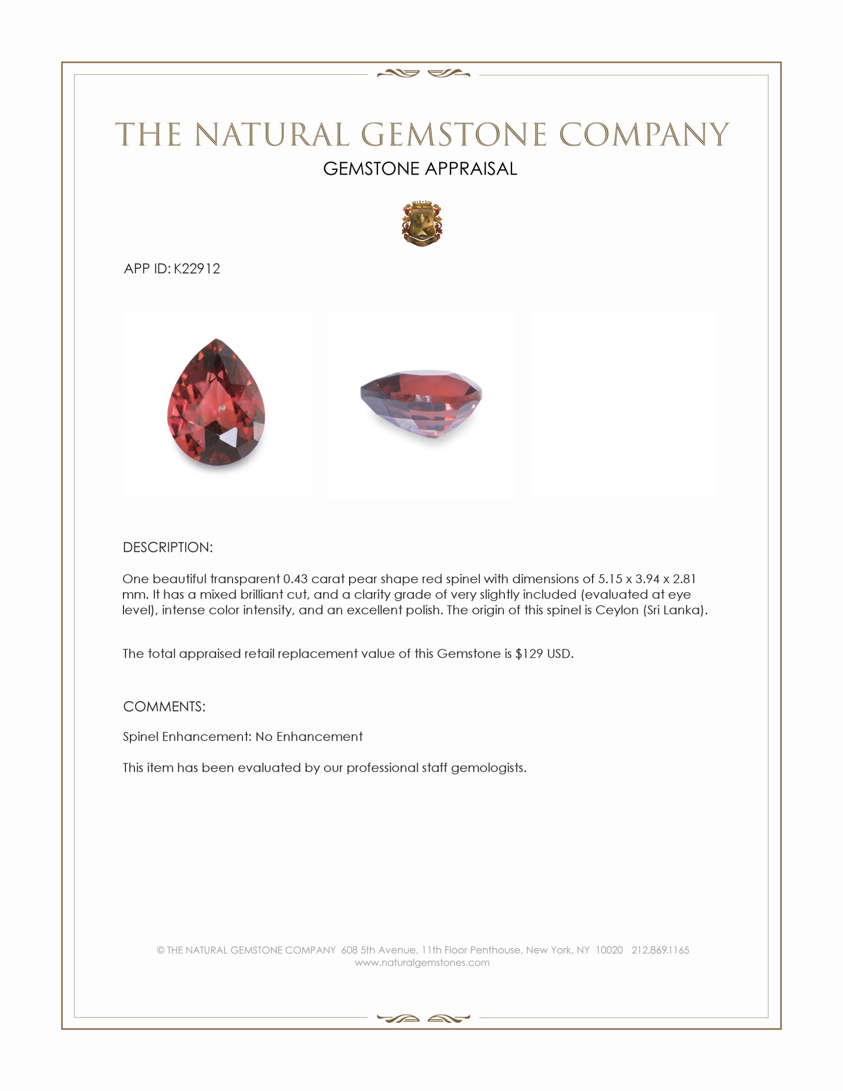 0.43 Ct. Red Spinel from Ceylon (Sri Lanka)