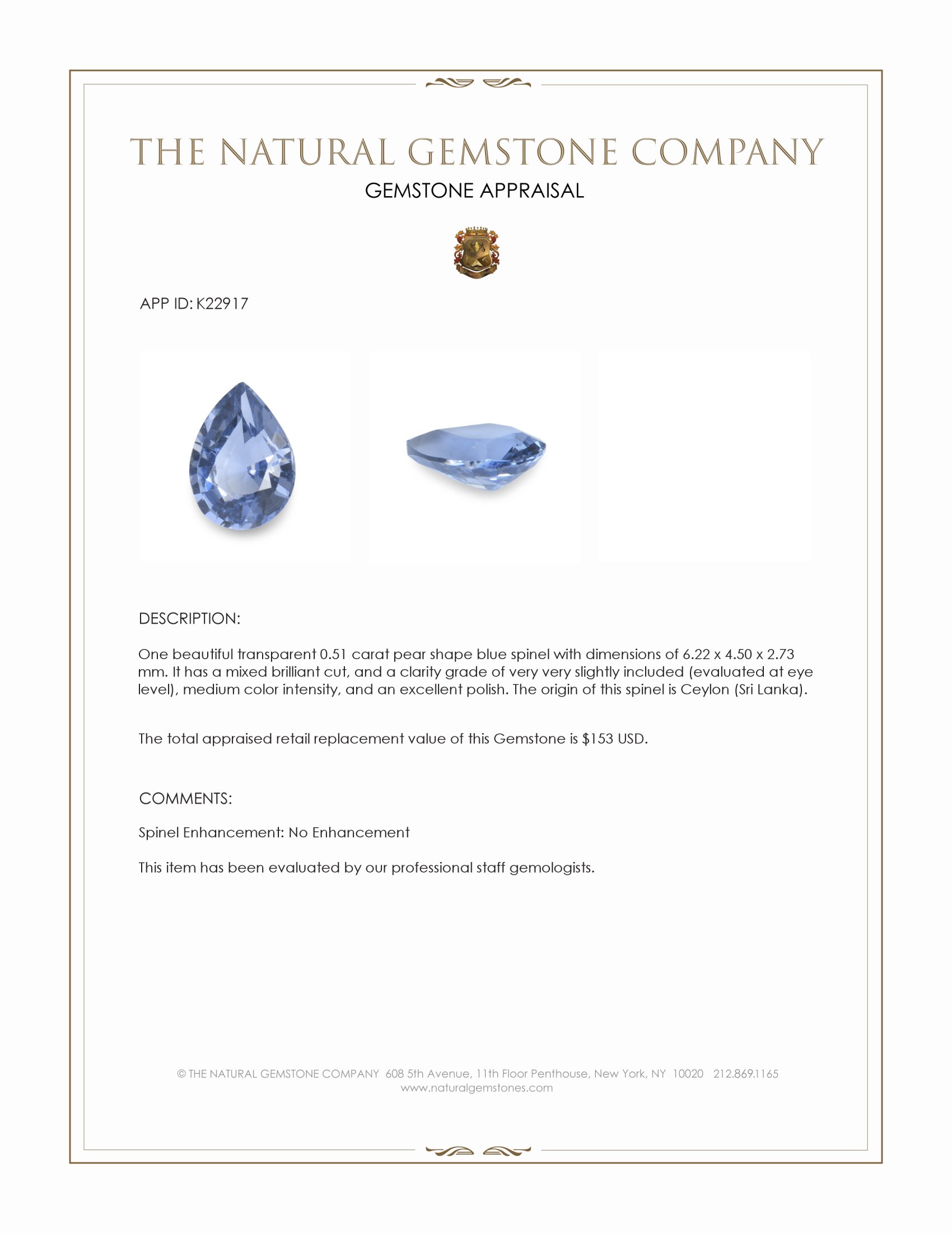 0.51 Ct. Spinel from Ceylon (Sri Lanka)