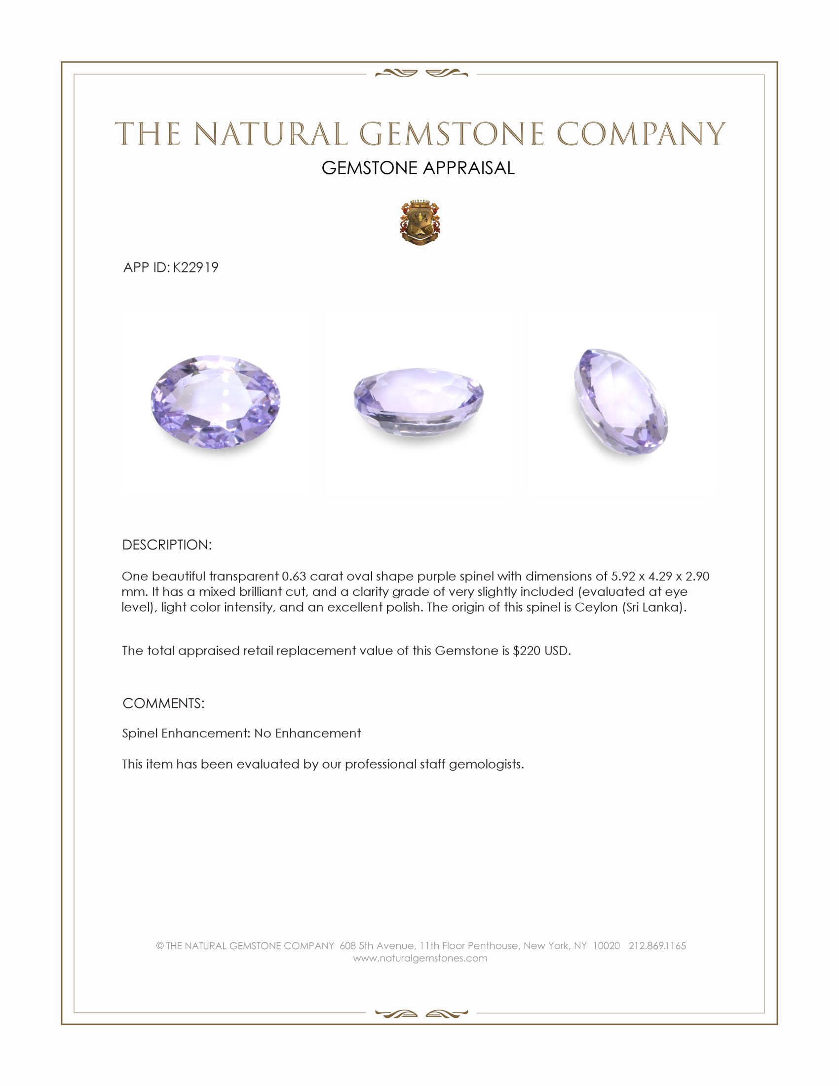 0.63 Ct. Purple Spinel from Ceylon (Sri Lanka)