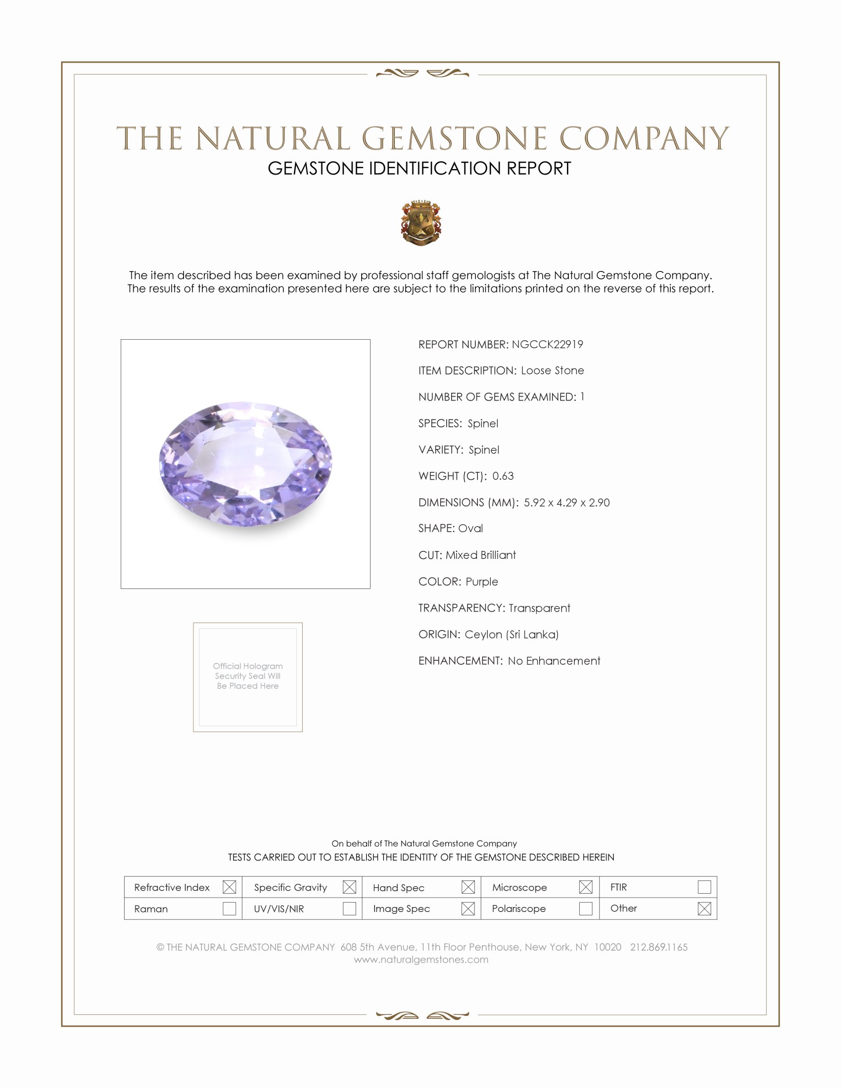 0.63 Ct. Purple Spinel from Ceylon (Sri Lanka)