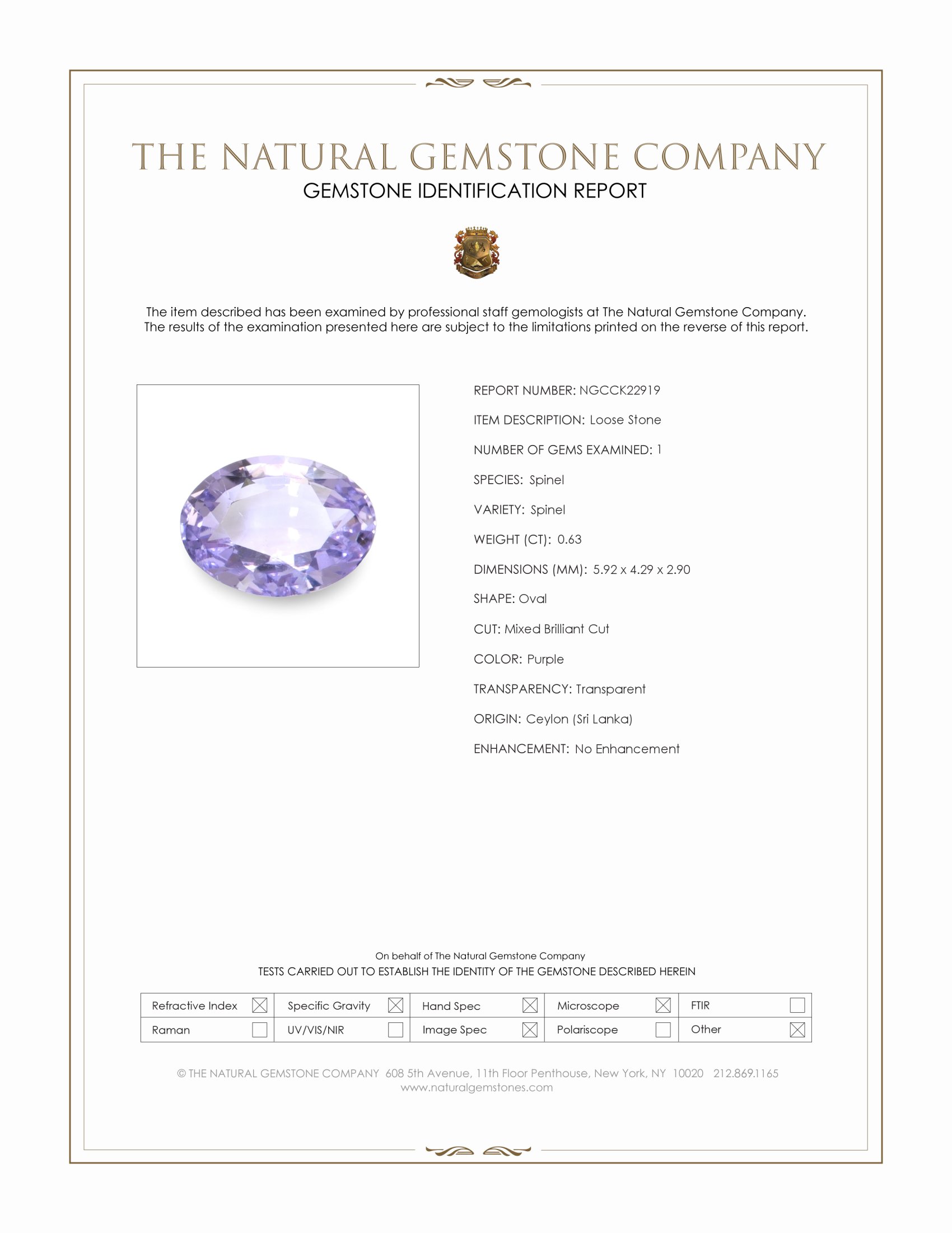 0.63 Ct. Purple Spinel from Ceylon (Sri Lanka)